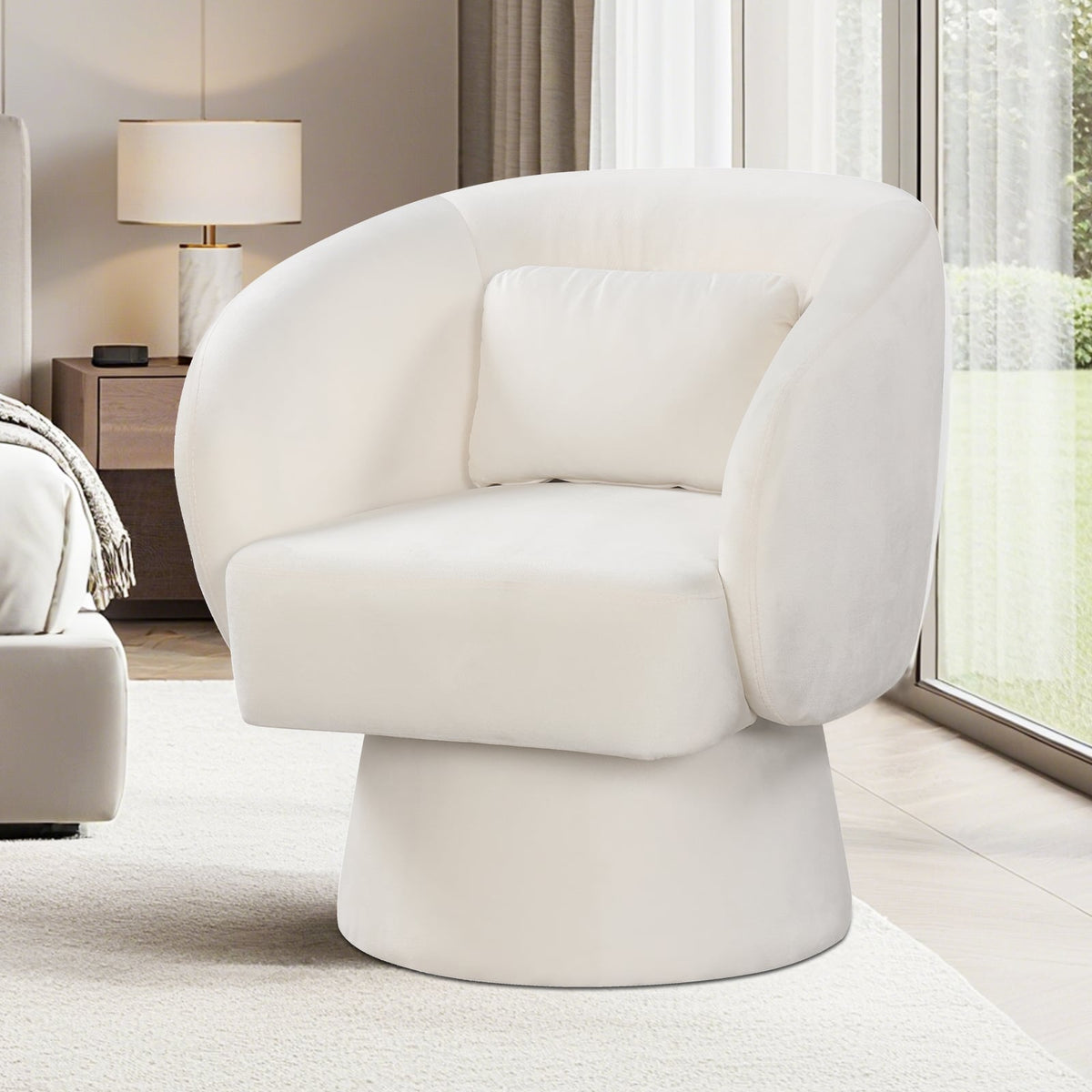 Swivel Accent Chair Upholstered Barrel Chair with Curved Back and Removable Lumbar Pillow-Beige-Accent Chairs-DECOROLALA