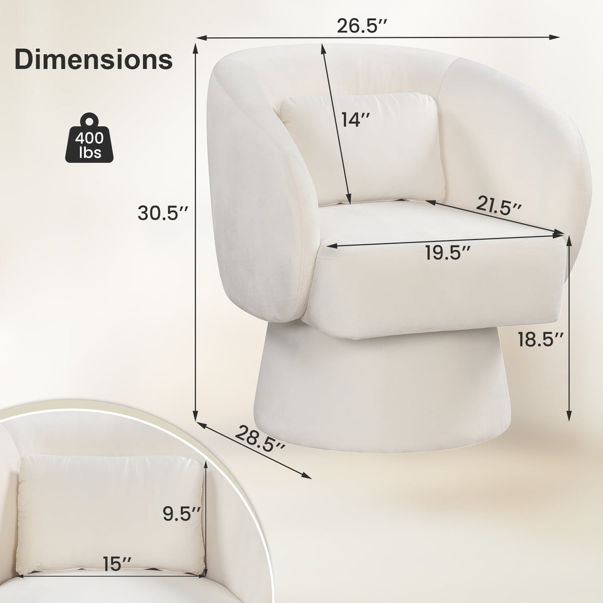 Swivel Accent Chair Upholstered Barrel Chair with Curved Back and Removable Lumbar Pillow-Beige-Accent Chairs-DECOROLALA