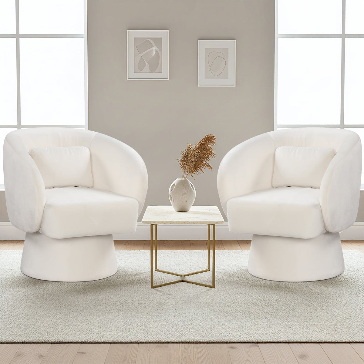 Swivel Accent Chair Upholstered Barrel Chair with Curved Back and Removable Lumbar Pillow-Beige-Accent Chairs-DECOROLALA