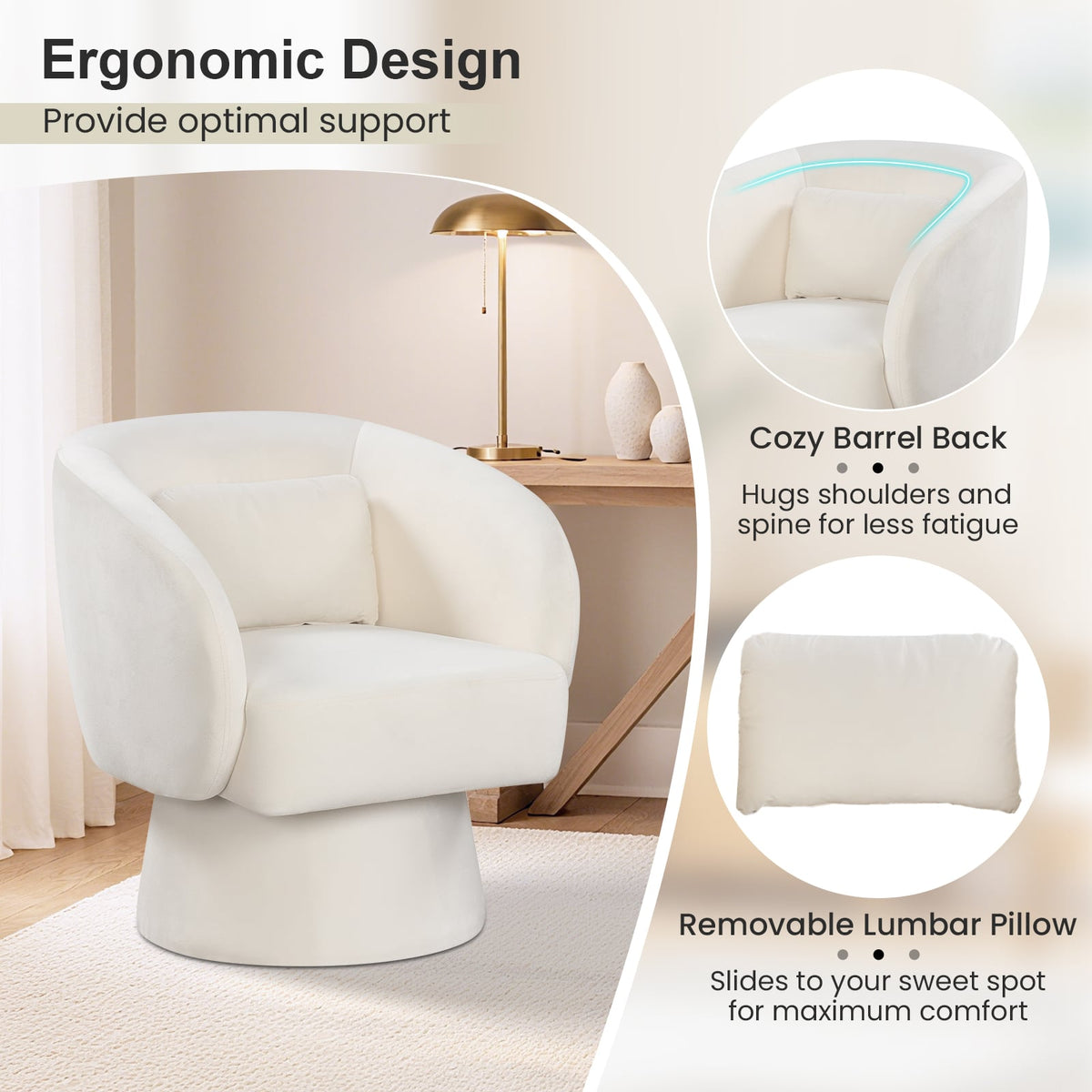 Swivel Accent Chair Upholstered Barrel Chair with Curved Back and Removable Lumbar Pillow-Beige-Accent Chairs-DECOROLALA