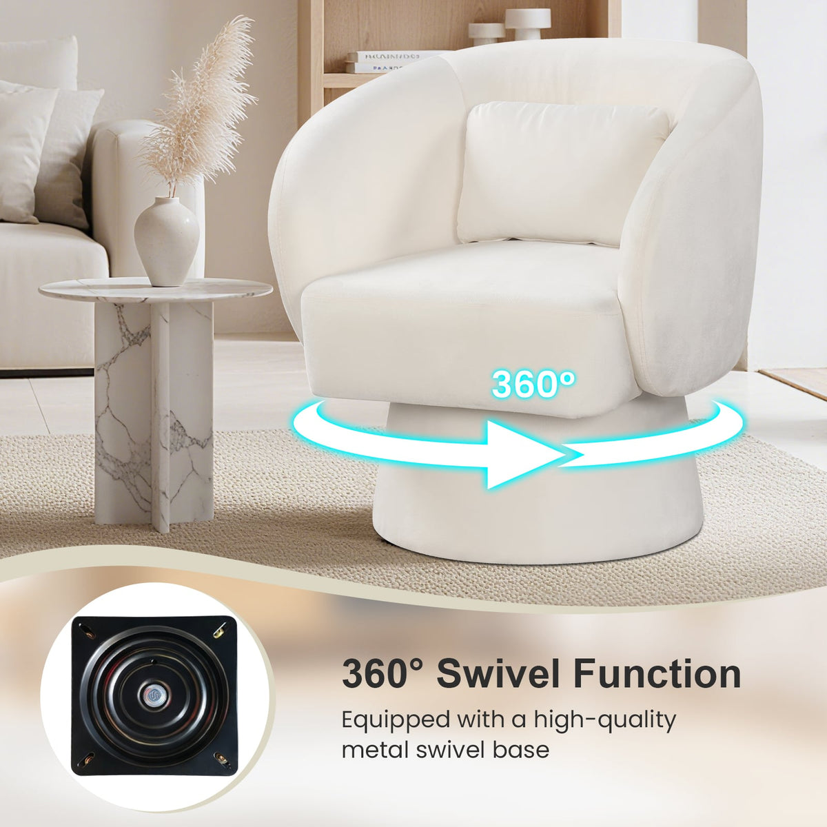 Swivel Accent Chair Upholstered Barrel Chair with Curved Back and Removable Lumbar Pillow-Beige-Accent Chairs-DECOROLALA