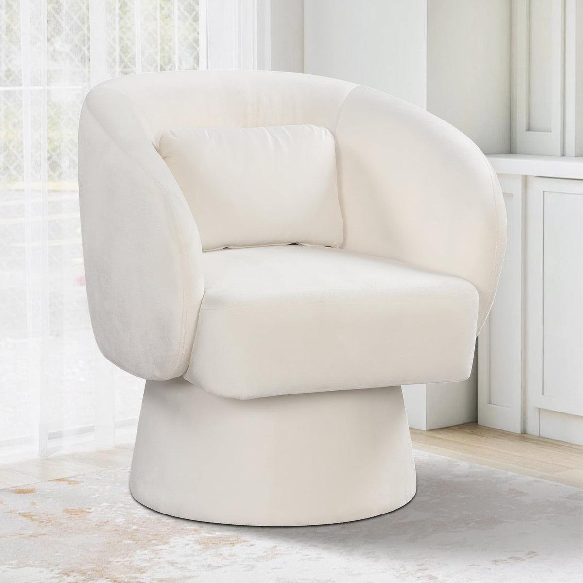 Swivel Accent Chair Upholstered Barrel Chair with Curved Back and Removable Lumbar Pillow-Beige-Accent Chairs-DECOROLALA