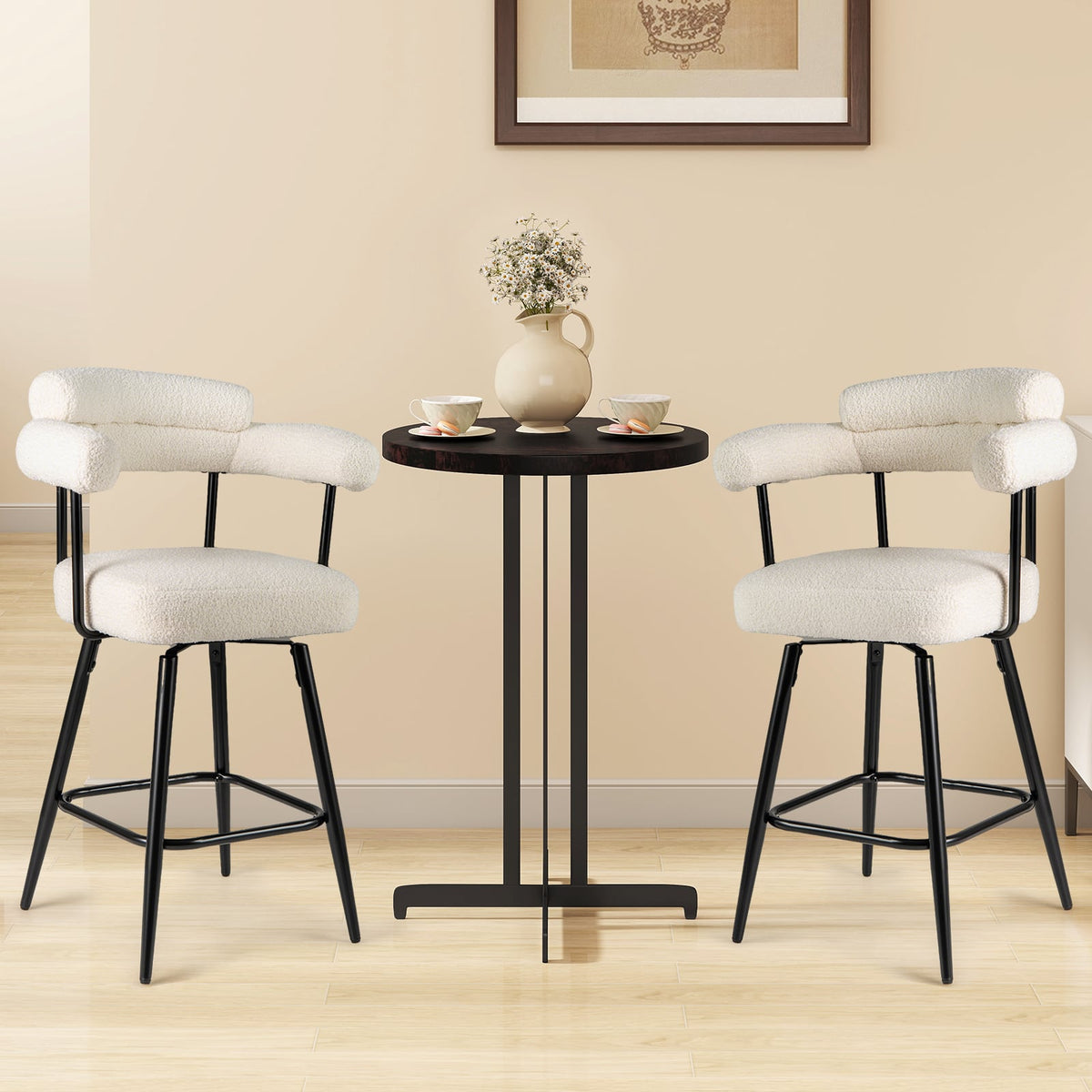 Swivel Bar Stool Set of 2 Counter Height Chairs with Curved Back and Arms-White-Bar Stools-DECOROLALA