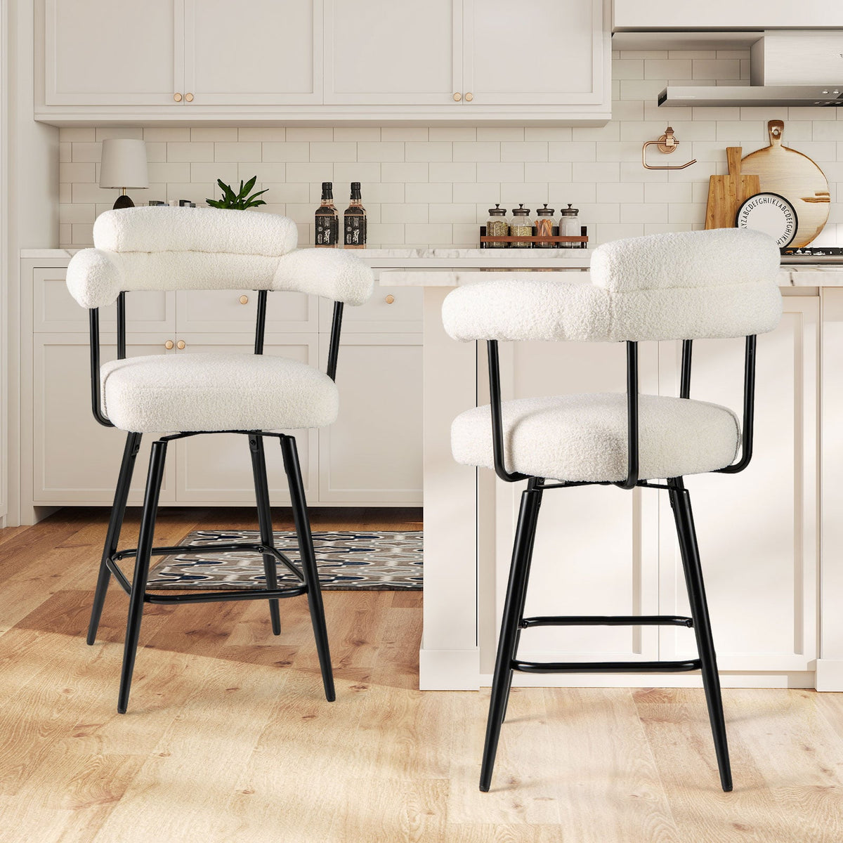 Swivel Bar Stool Set of 2 Counter Height Chairs with Curved Back and Arms-White-Bar Stools-DECOROLALA