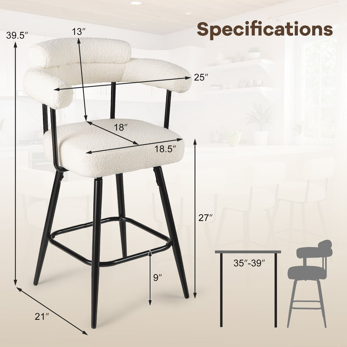 Swivel Bar Stool Set of 2 Counter Height Chairs with Curved Back and Arms-White-Bar Stools-DECOROLALA