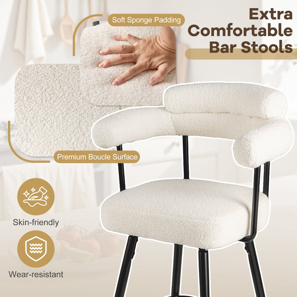 Swivel Bar Stool Set of 2 Counter Height Chairs with Curved Back and Arms-White-Bar Stools-DECOROLALA