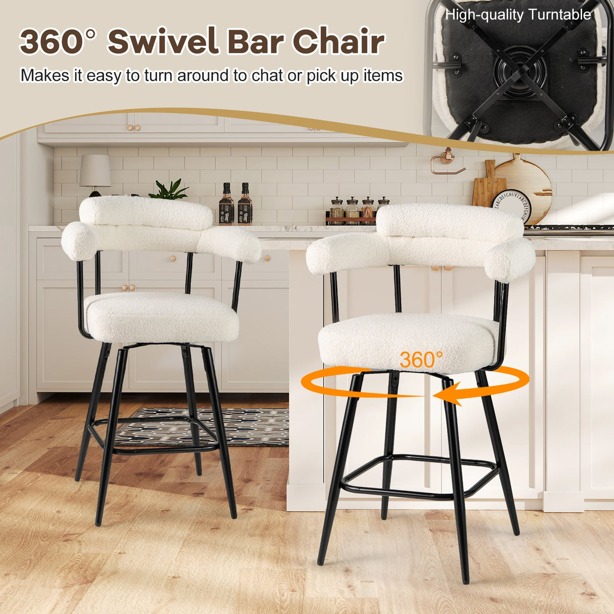 Swivel Bar Stool Set of 2 Counter Height Chairs with Curved Back and Arms-White-Bar Stools-DECOROLALA