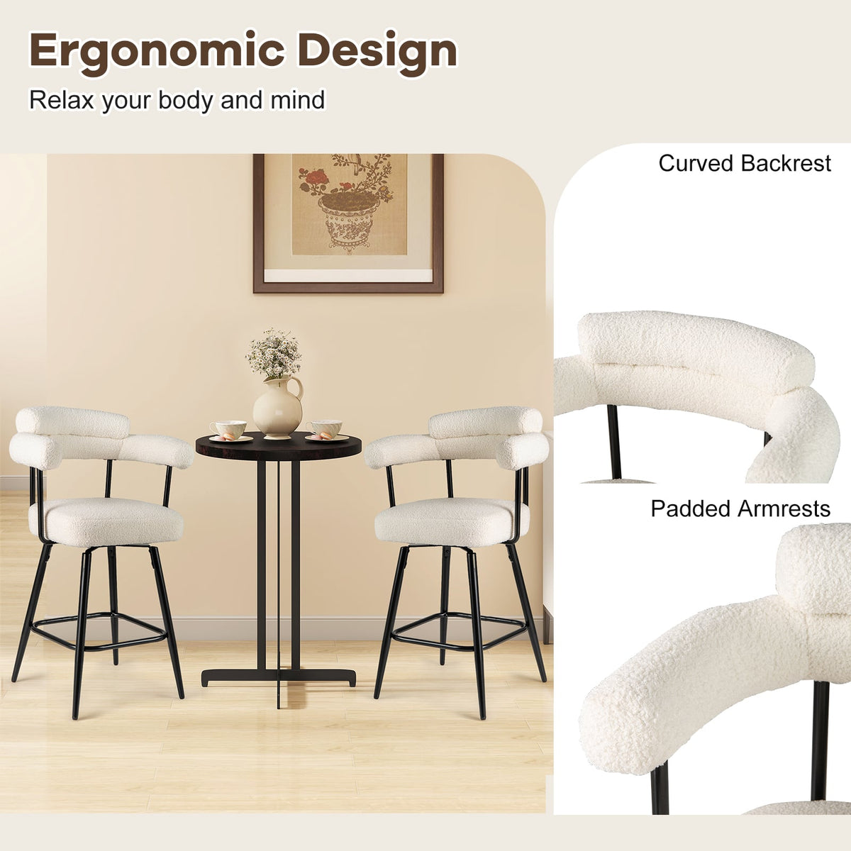 Swivel Bar Stool Set of 2 Counter Height Chairs with Curved Back and Arms-White-Bar Stools-DECOROLALA