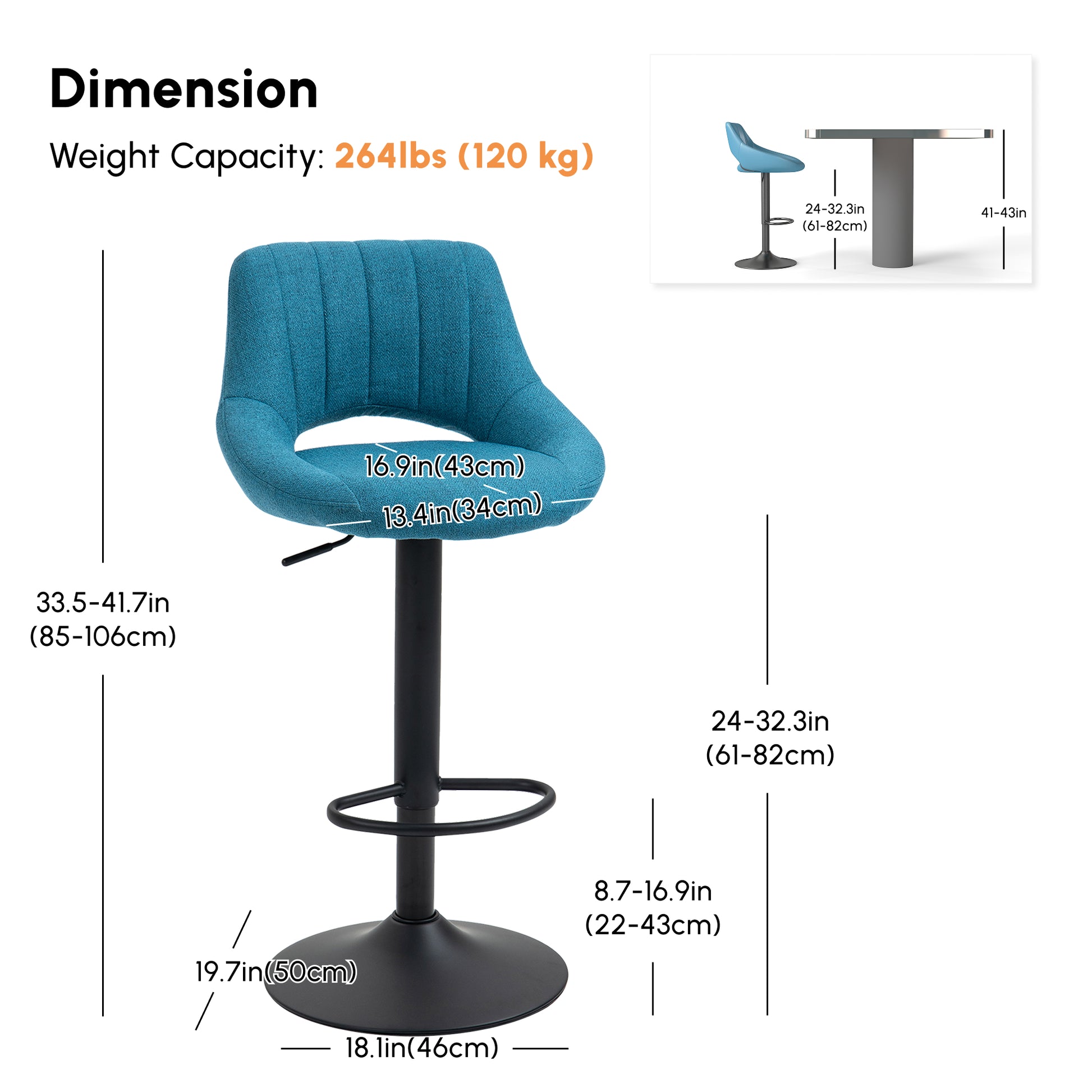Swivel Bar Stools - Set of 2 Adjustable Blue Linen-Home Furnishings > Kitchen & Dining Furniture > Bar Stools-DECOROLALA