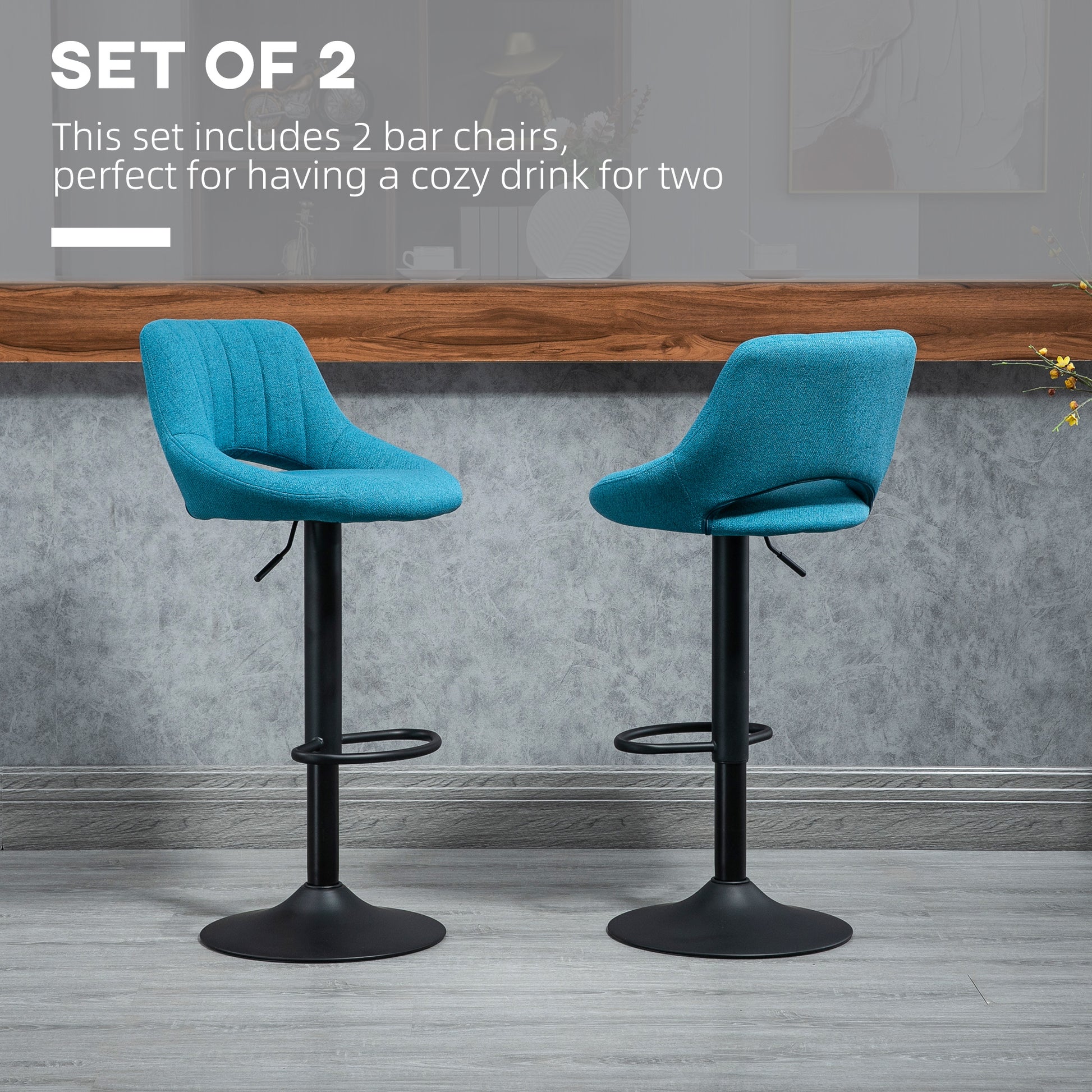 Swivel Bar Stools - Set of 2 Adjustable Blue Linen-Home Furnishings > Kitchen & Dining Furniture > Bar Stools-DECOROLALA