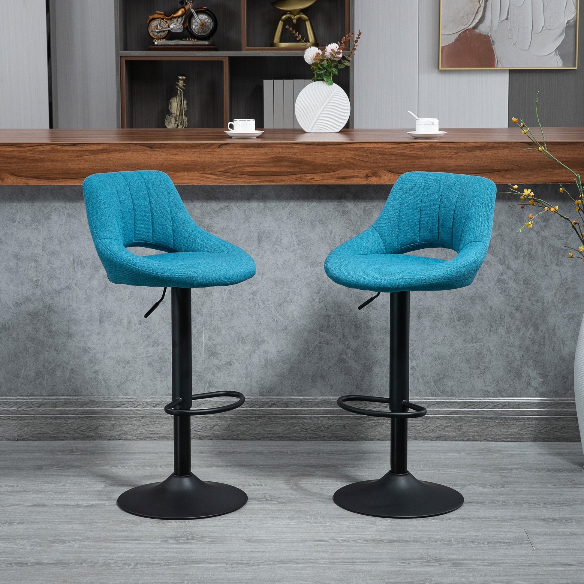 Swivel Bar Stools - Set of 2 Adjustable Blue Linen-Home Furnishings > Kitchen & Dining Furniture > Bar Stools-DECOROLALA