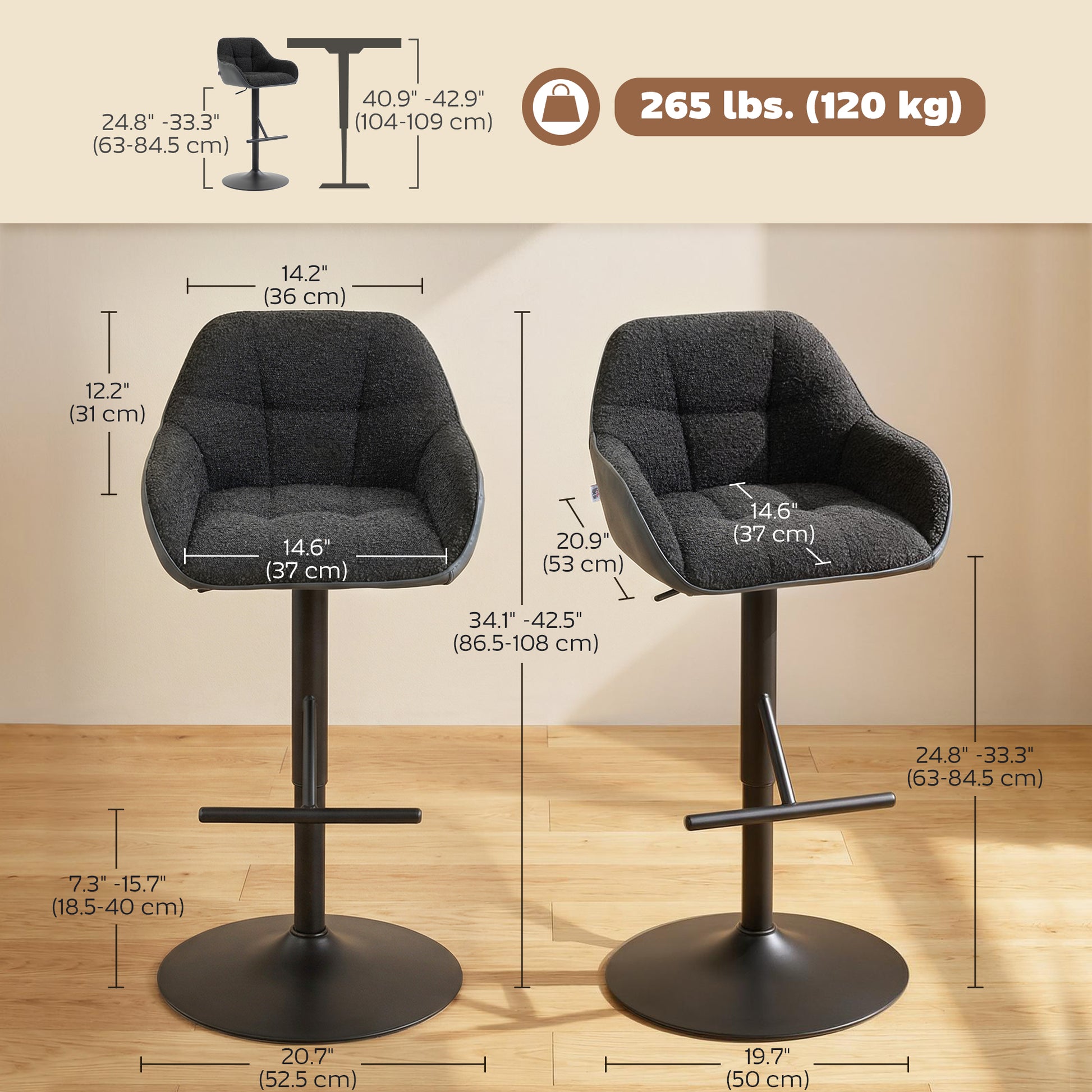 Swivel Bar Stools Set of 2 - Adjustable Height Black-DECOROLALA