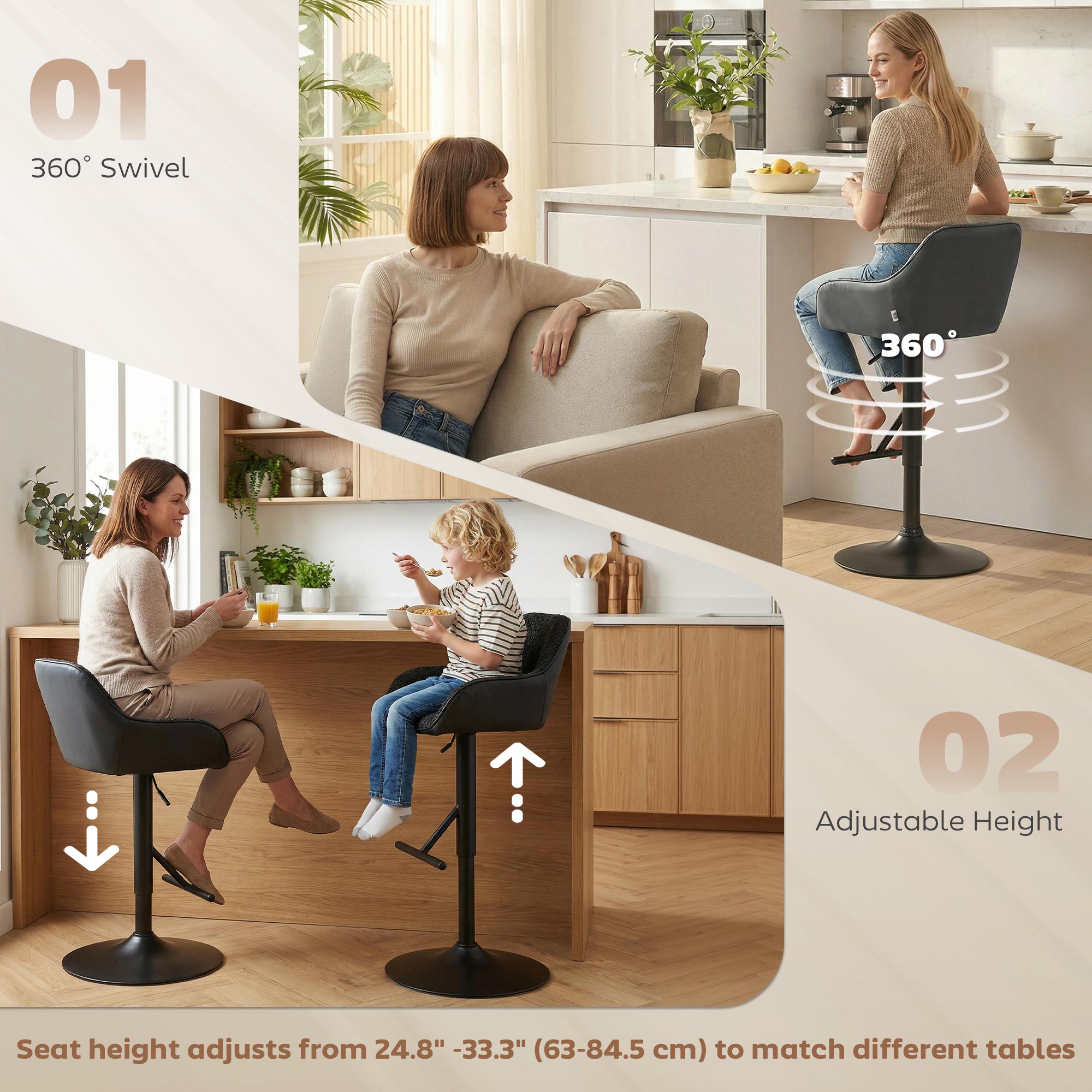 Swivel Bar Stools Set of 2 - Adjustable Height Black-DECOROLALA