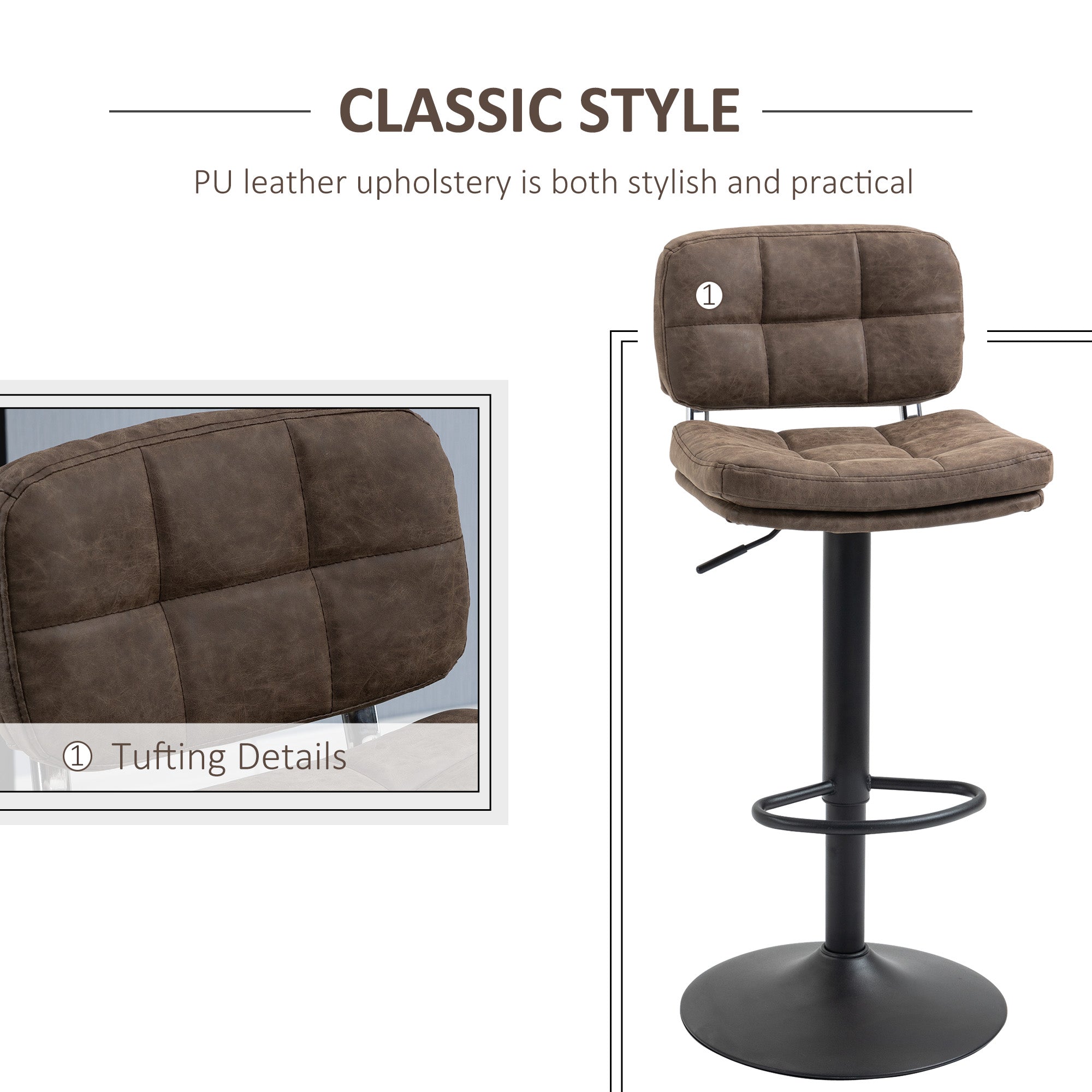 Swivel Bar Stools Set of 2 - Adjustable PU Leather Brown/Black-DECOROLALA