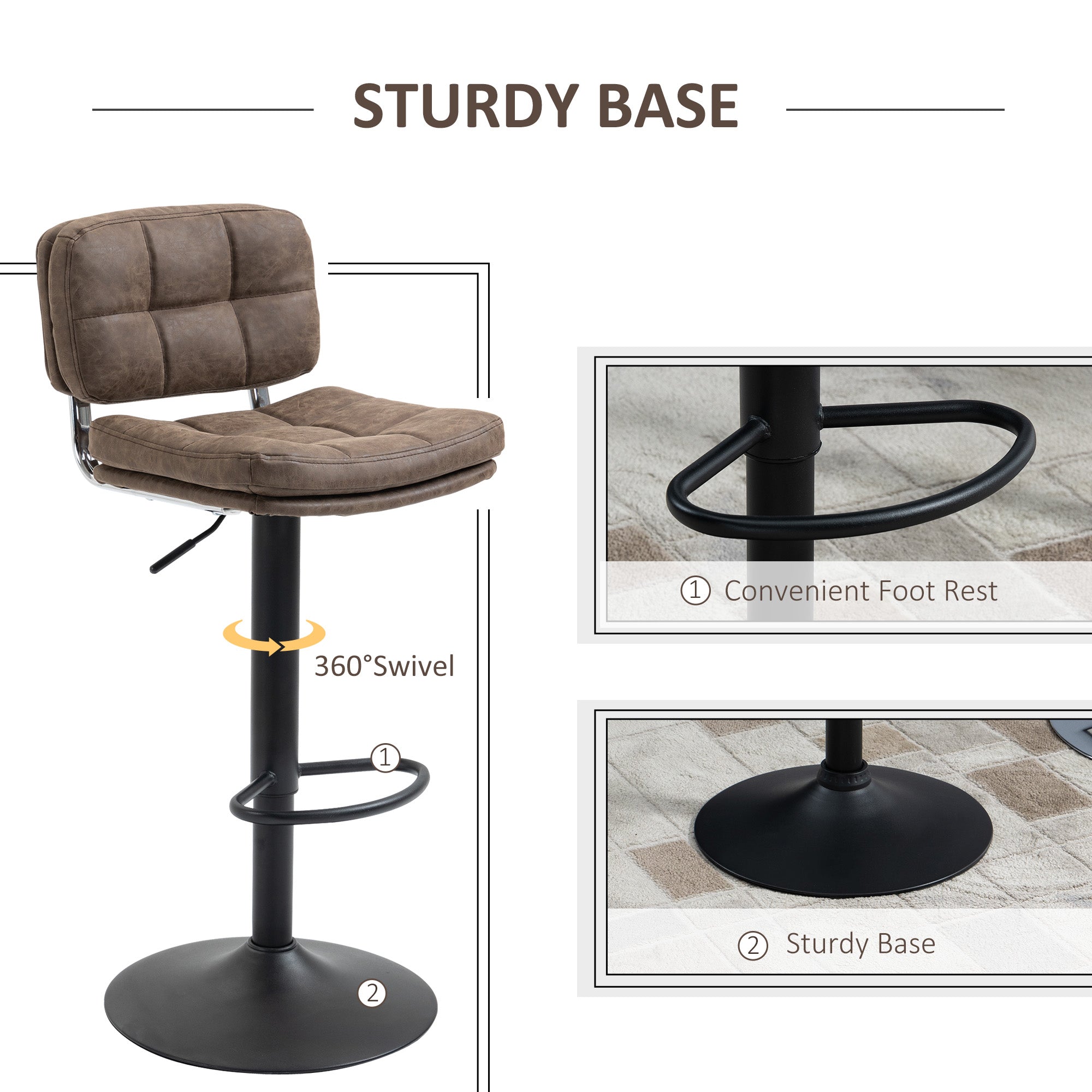 Swivel Bar Stools Set of 2 - Adjustable PU Leather Brown/Black-DECOROLALA