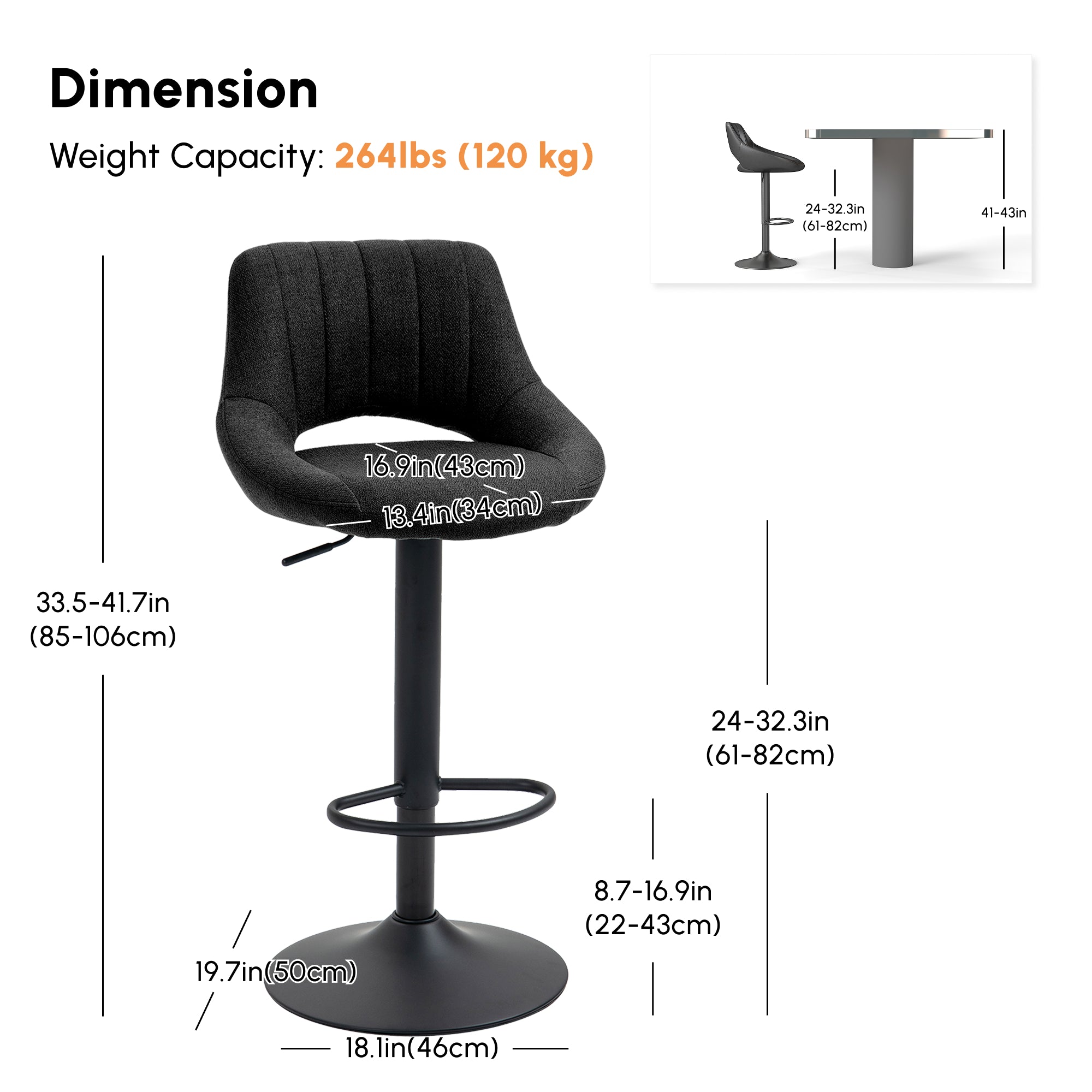 Swivel Bar Stools Set of 2 - Black Adjustable Linen Stools-Home Furnishings > Kitchen & Dining Furniture > Bar Stools-DECOROLALA