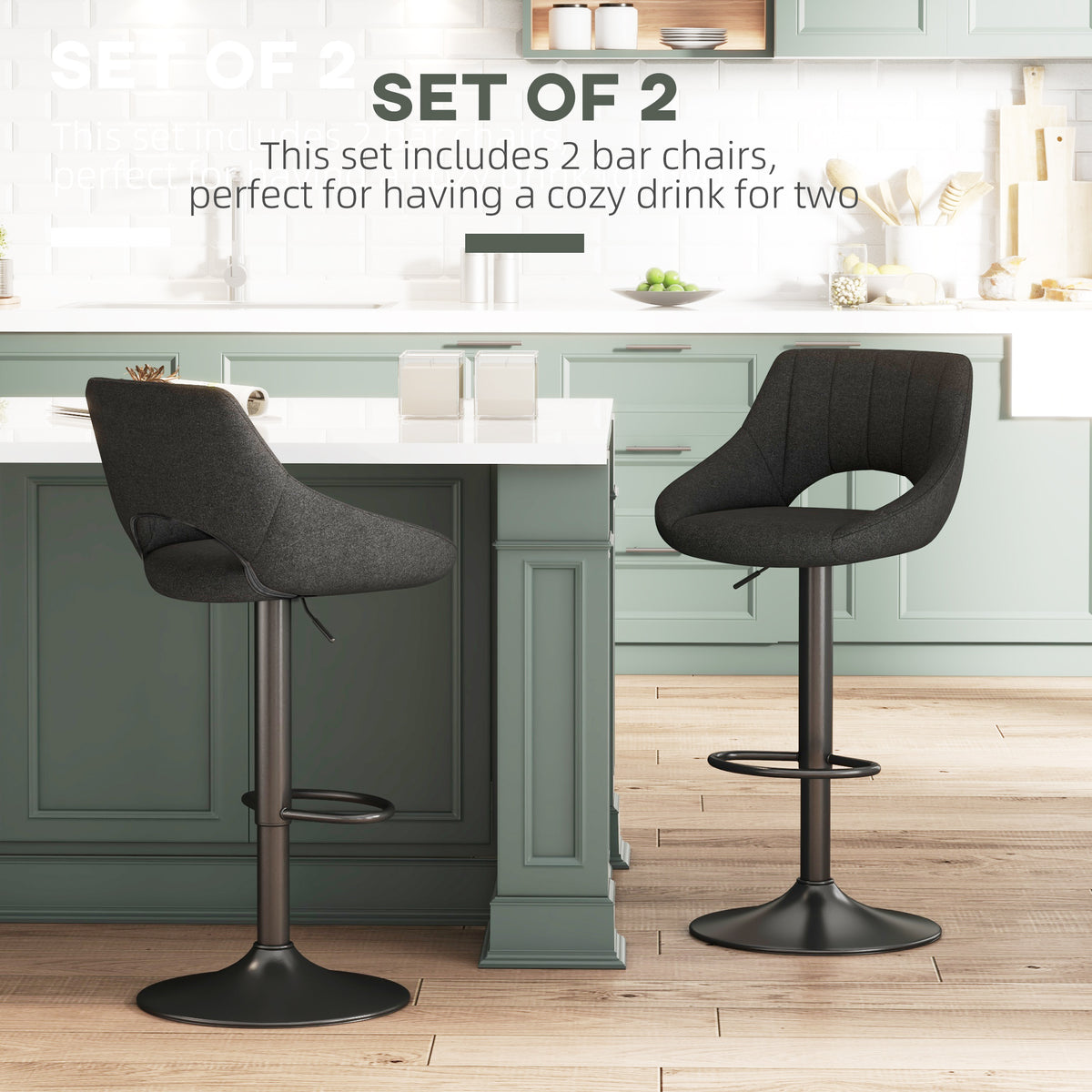 Swivel Bar Stools Set of 2 - Black Adjustable Linen Stools-Home Furnishings > Kitchen & Dining Furniture > Bar Stools-DECOROLALA
