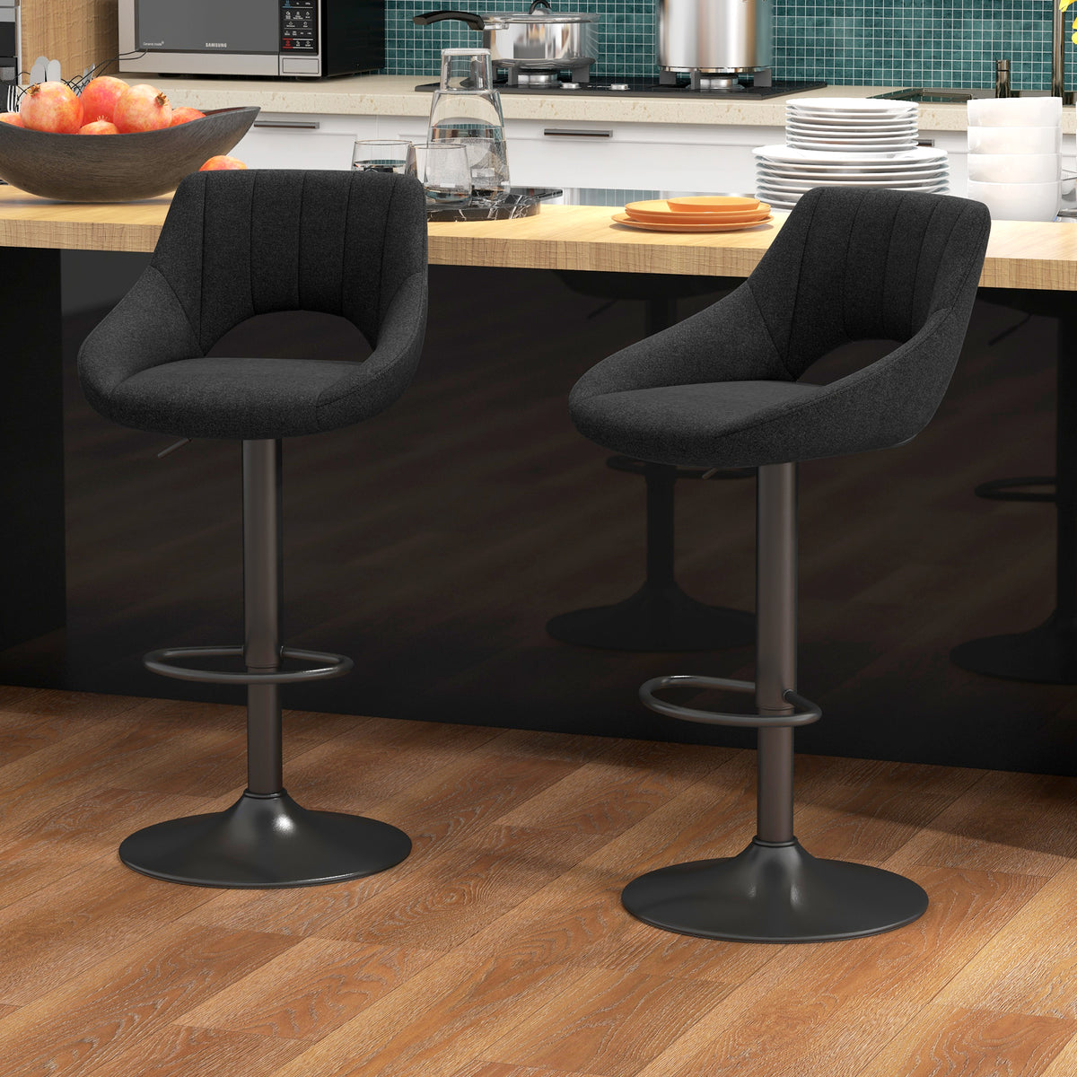 Swivel Bar Stools Set of 2 - Black Adjustable Linen Stools-Home Furnishings > Kitchen & Dining Furniture > Bar Stools-DECOROLALA