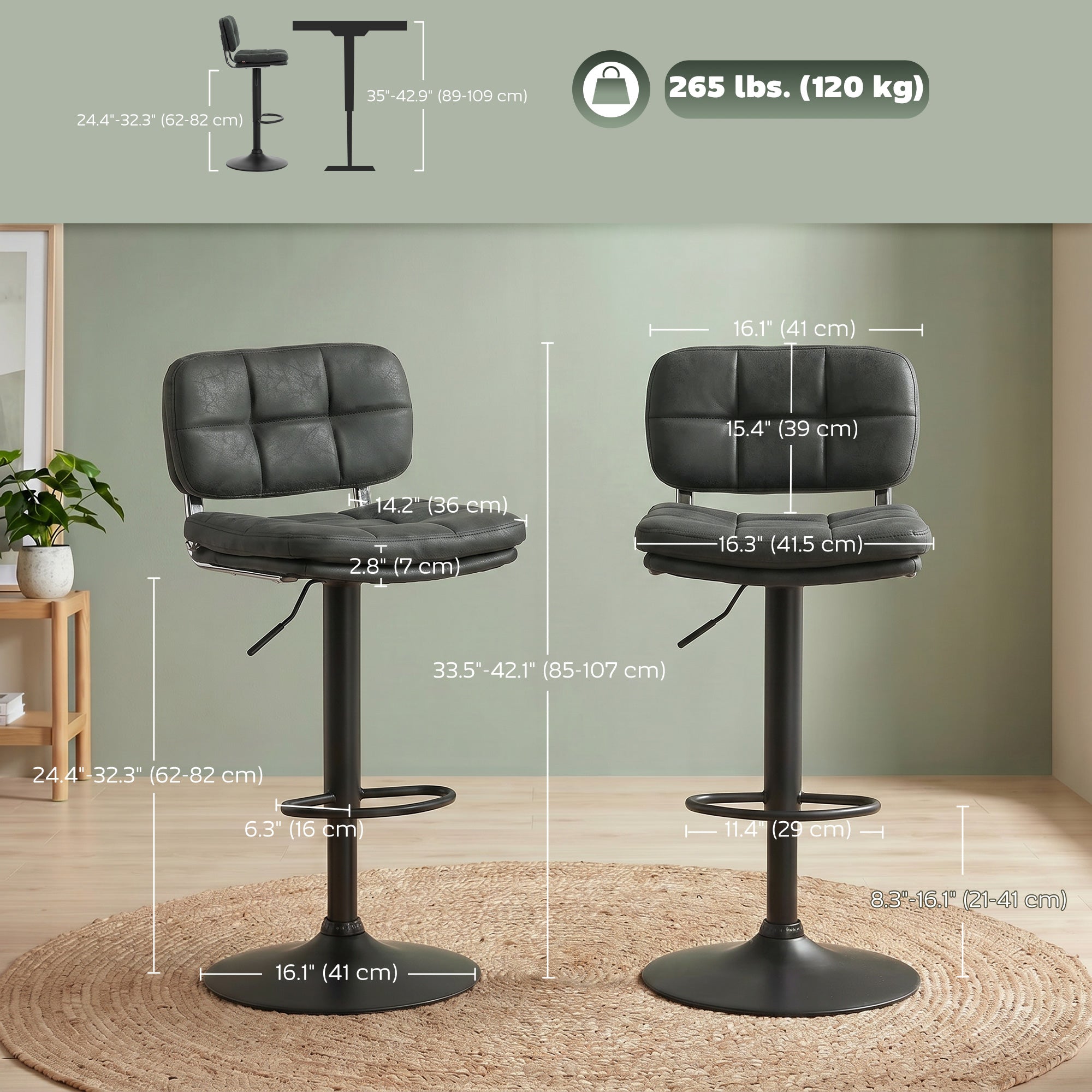 Swivel Bar Stools Set of 2 - Black Adjustable PU Leather-Home Furnishings > Kitchen & Dining Furniture > Bar Stools-DECOROLALA