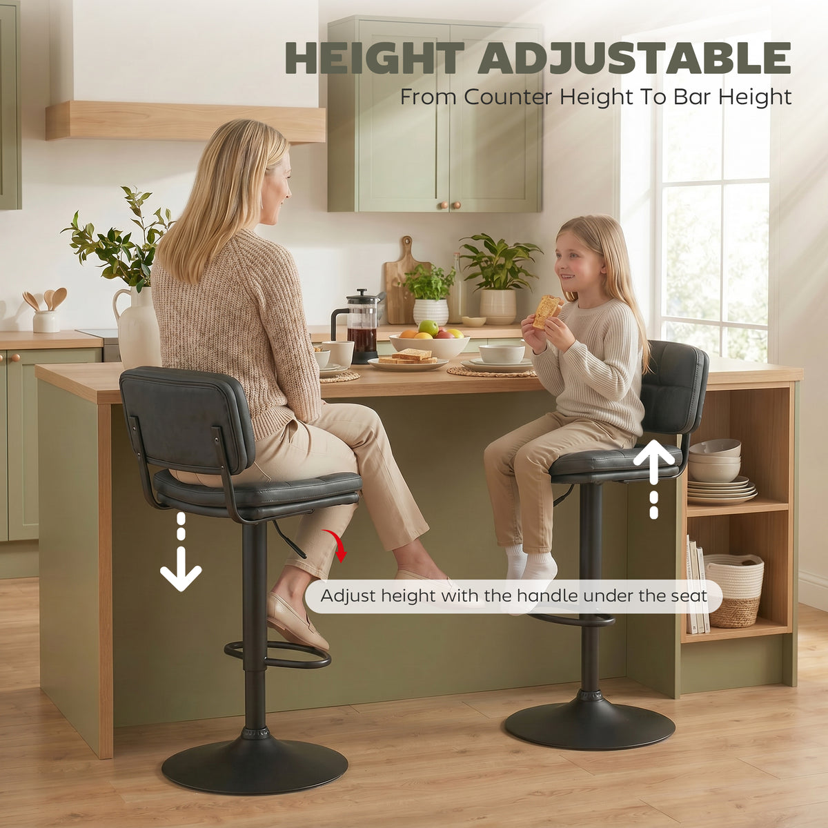 Swivel Bar Stools Set of 2 - Black Adjustable PU Leather-Home Furnishings > Kitchen & Dining Furniture > Bar Stools-DECOROLALA