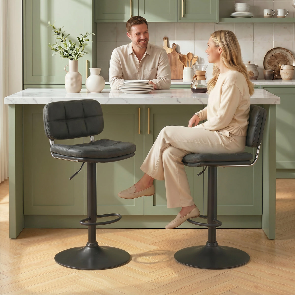 Swivel Bar Stools Set of 2 - Black Adjustable PU Leather-Home Furnishings > Kitchen & Dining Furniture > Bar Stools-DECOROLALA