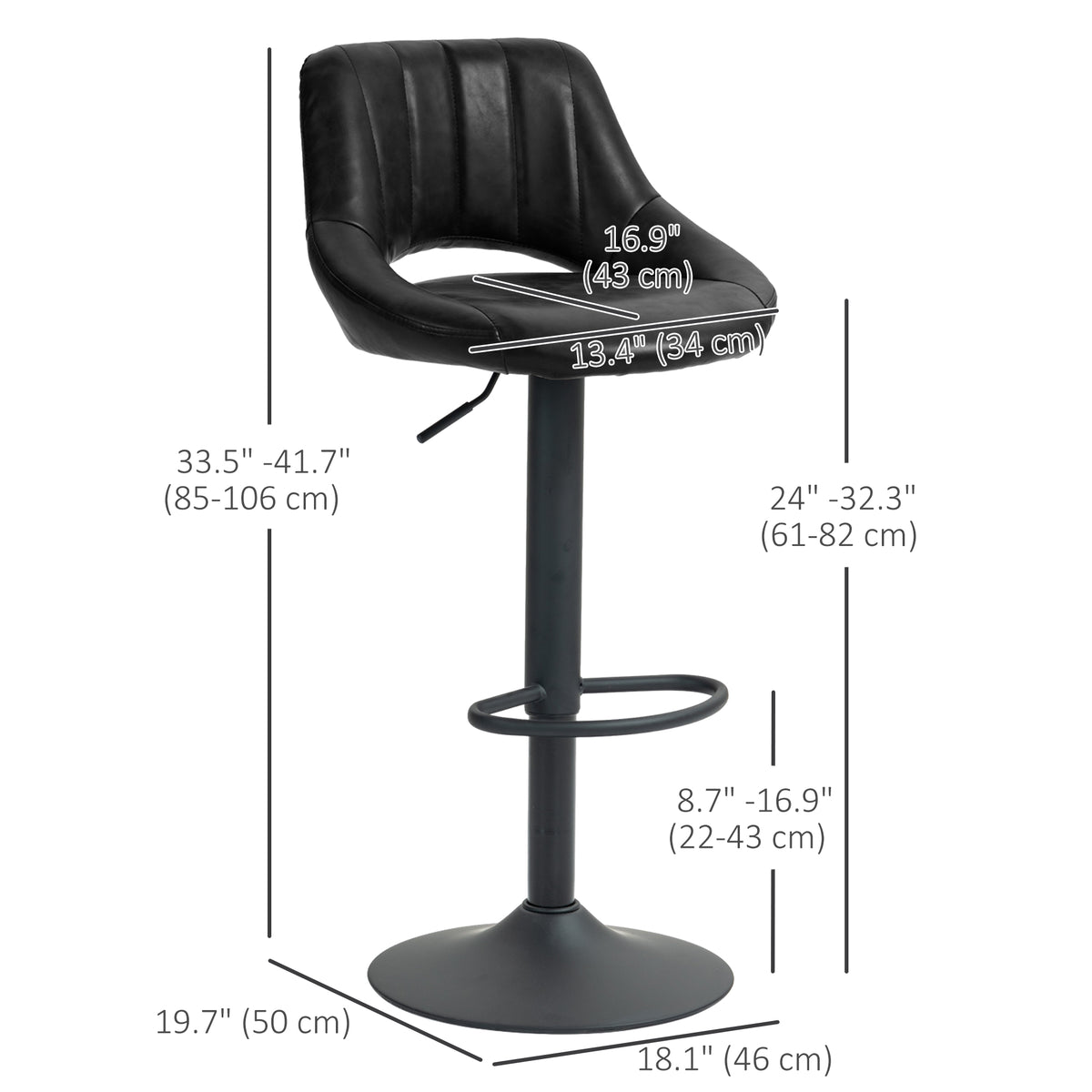 Swivel Bar Stools Set of 2 - Black Faux Leather Adjustable-Home Furnishings > Kitchen & Dining Furniture > Bar Stools-DECOROLALA