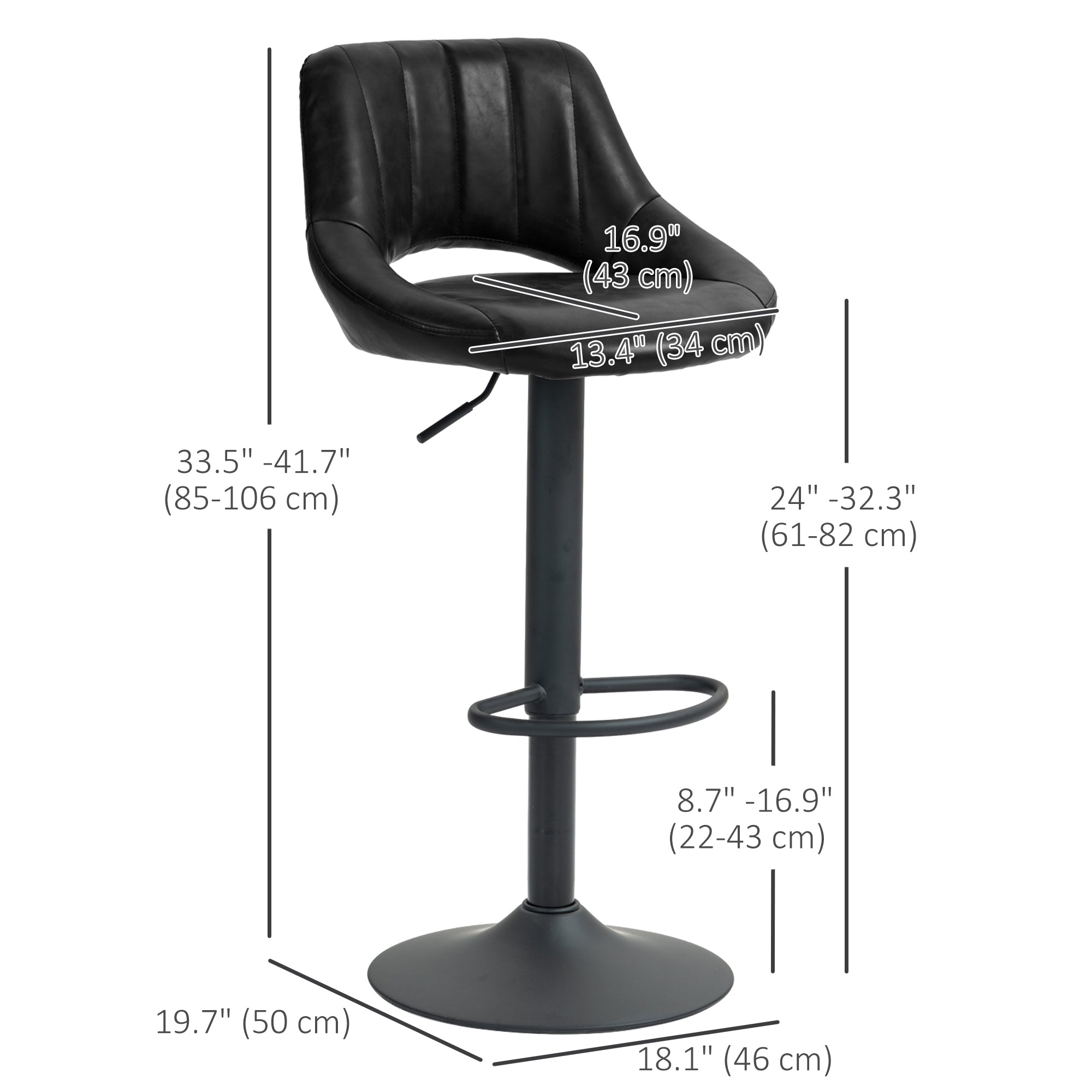 Swivel Bar Stools Set of 2 - Black Faux Leather Adjustable-Home Furnishings > Kitchen & Dining Furniture > Bar Stools-DECOROLALA