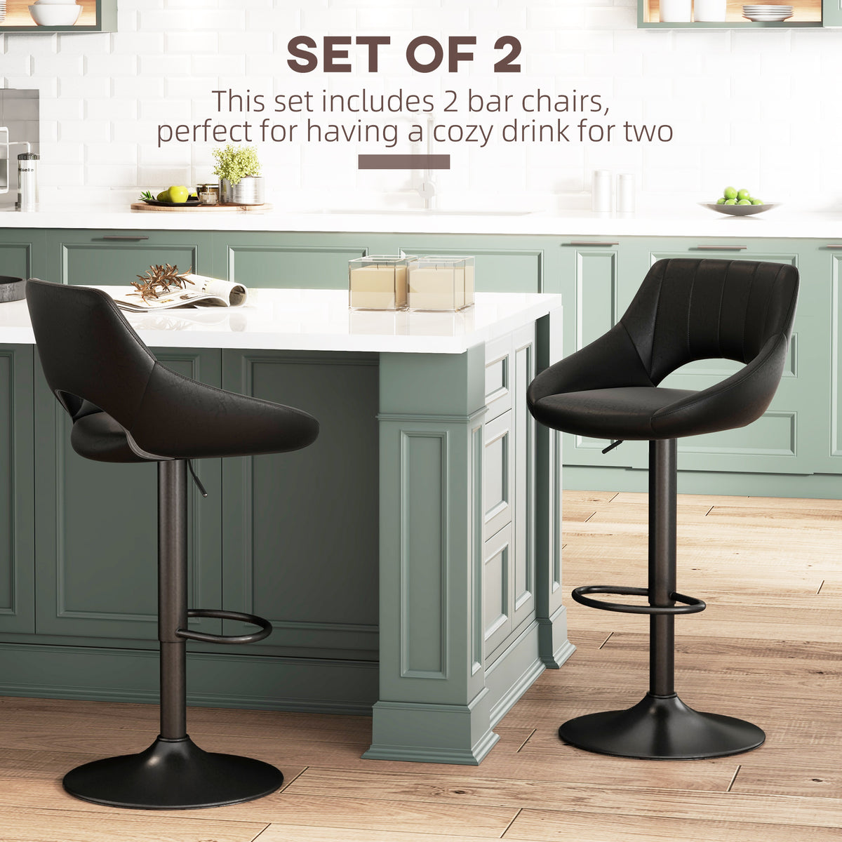 Swivel Bar Stools Set of 2 - Black Faux Leather Adjustable-Home Furnishings > Kitchen & Dining Furniture > Bar Stools-DECOROLALA