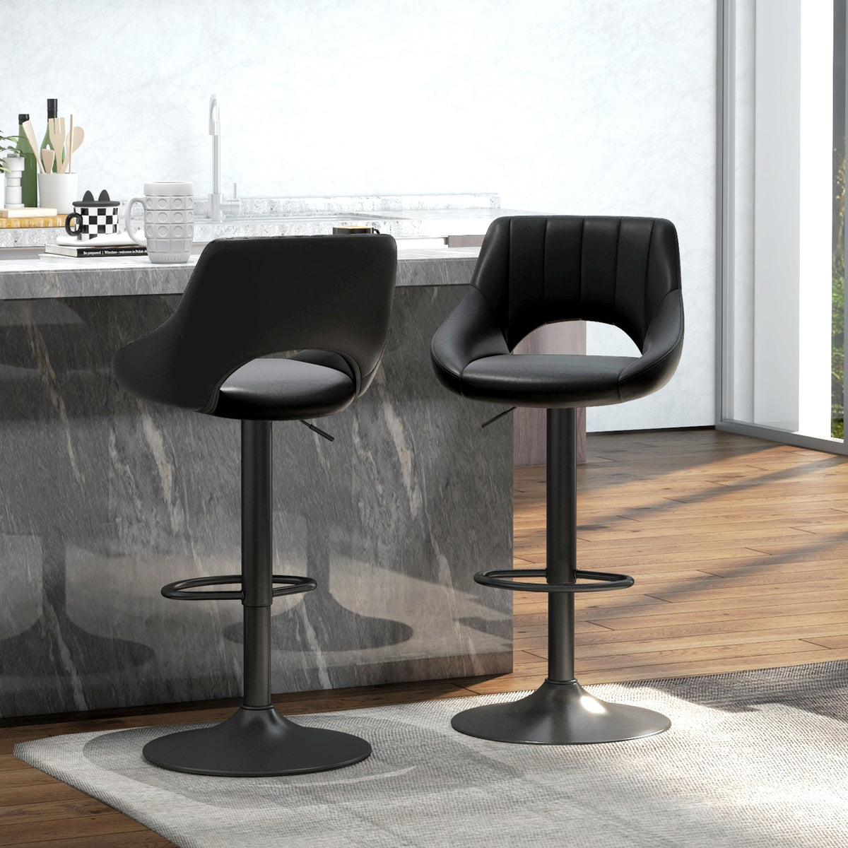 Swivel Bar Stools Set of 2 - Black Faux Leather Adjustable-Home Furnishings > Kitchen & Dining Furniture > Bar Stools-DECOROLALA