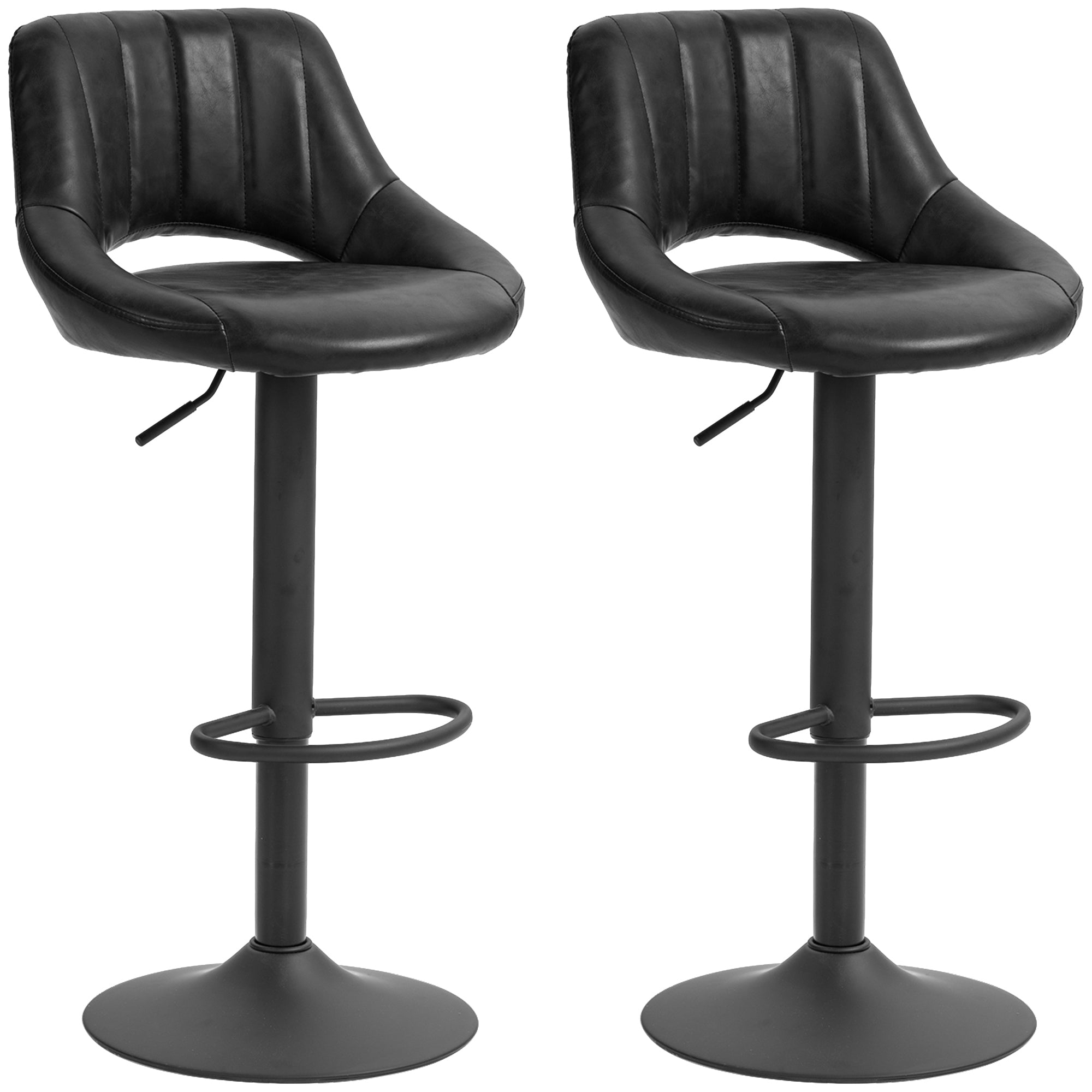 Swivel Bar Stools Set of 2 - Black Faux Leather Adjustable-Home Furnishings > Kitchen & Dining Furniture > Bar Stools-DECOROLALA