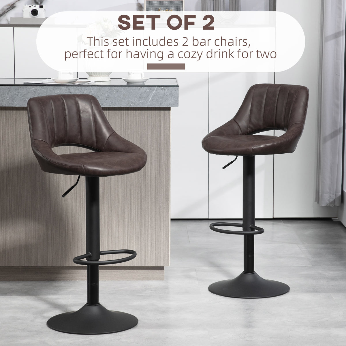 Swivel Bar Stools Set of 2 - Brown Faux Leather Adjustable-Home Furnishings > Kitchen & Dining Furniture > Bar Stools-DECOROLALA