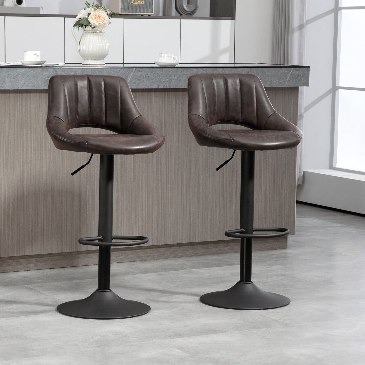 Swivel Bar Stools Set of 2 - Brown Faux Leather Adjustable-Home Furnishings > Kitchen & Dining Furniture > Bar Stools-DECOROLALA