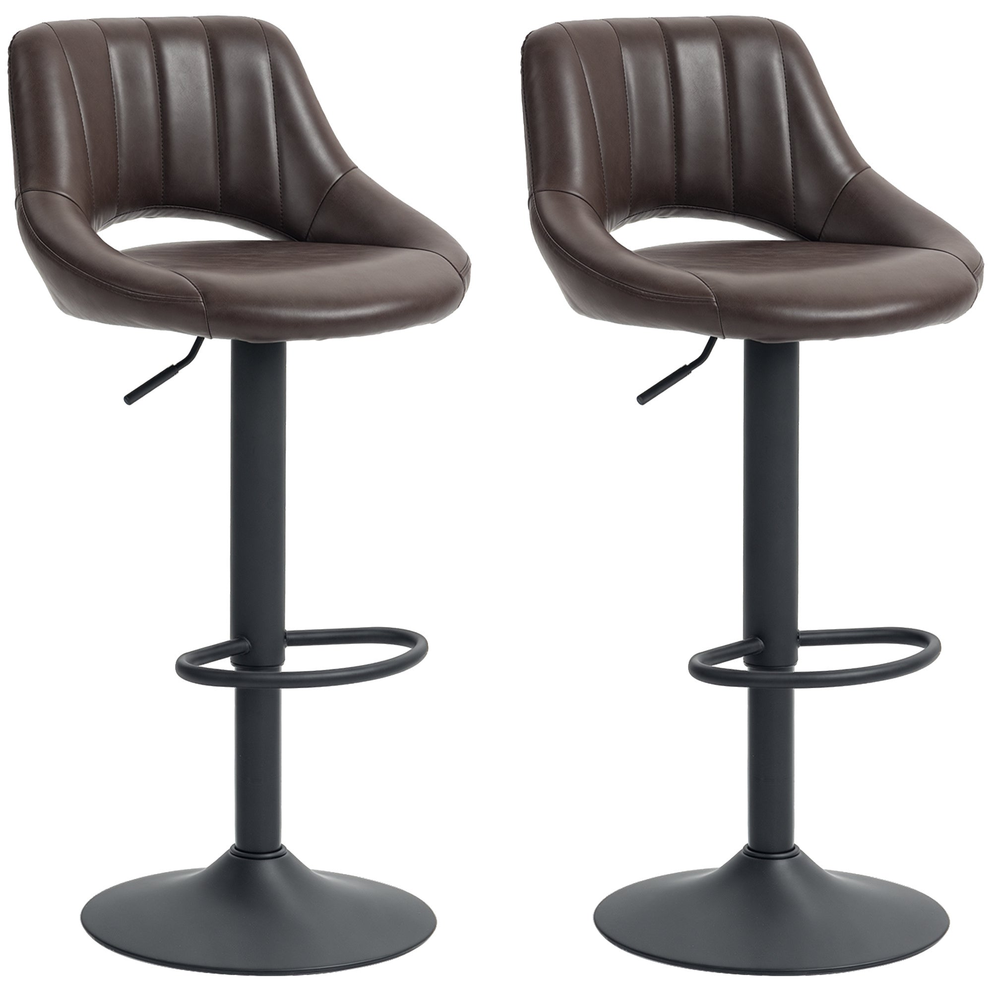 Swivel Bar Stools Set of 2 - Brown Faux Leather Adjustable-Home Furnishings > Kitchen & Dining Furniture > Bar Stools-DECOROLALA
