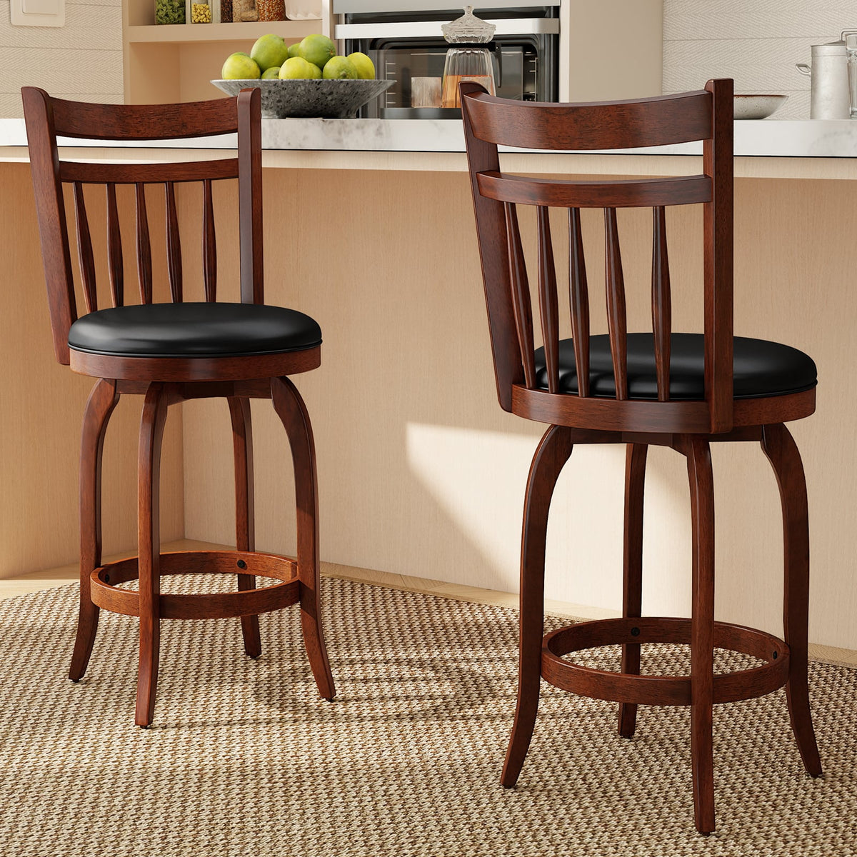 Swivel Bar Stools Set of 2 Counter Height Faux Leather Upholstered Barstools-24 Inches-Bar Stools-DECOROLALA
