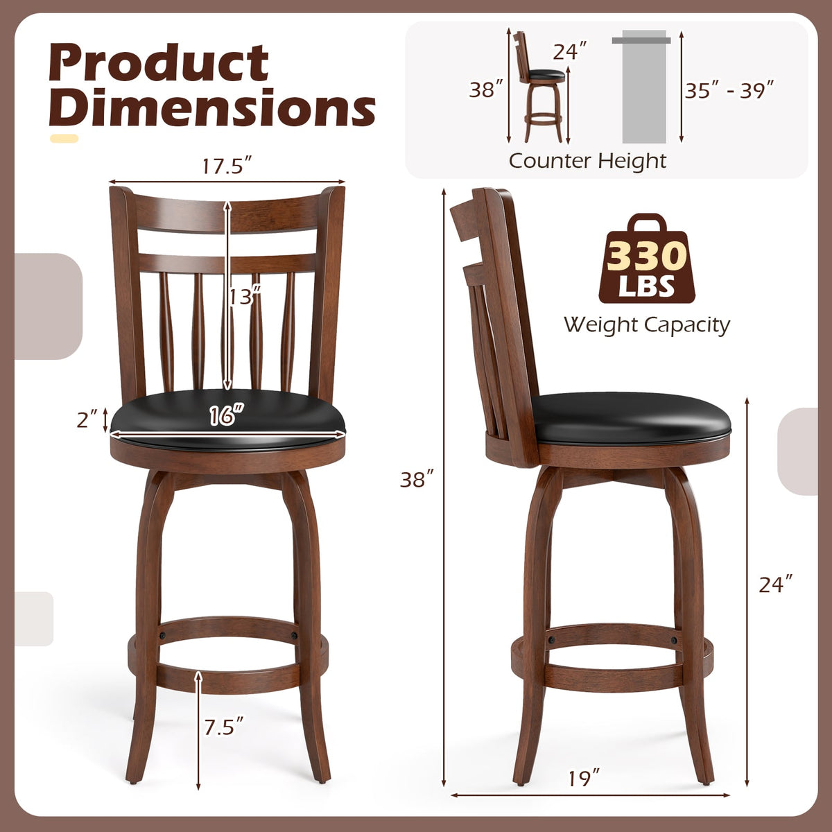 Swivel Bar Stools Set of 2 Counter Height Faux Leather Upholstered Barstools-24 Inches-Bar Stools-DECOROLALA