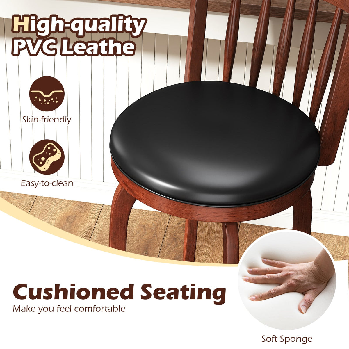 Swivel Bar Stools Set of 2 Counter Height Faux Leather Upholstered Barstools-24 Inches-Bar Stools-DECOROLALA