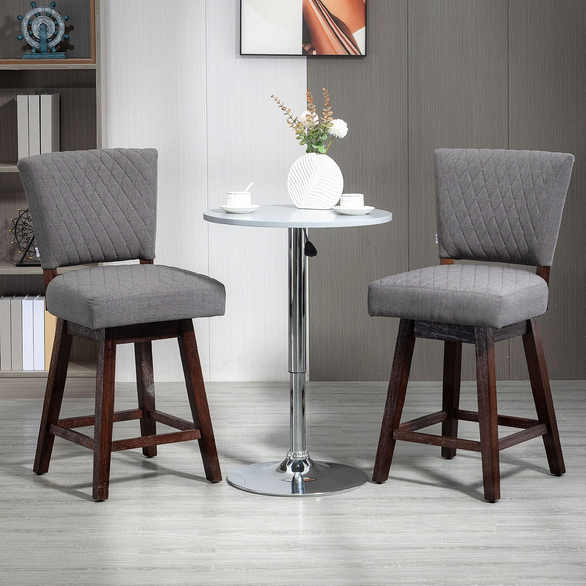 Swivel Bar Stools Set of 2 - Dark Grey Counter Height with Wood Legs and Footrests-DECOROLALA
