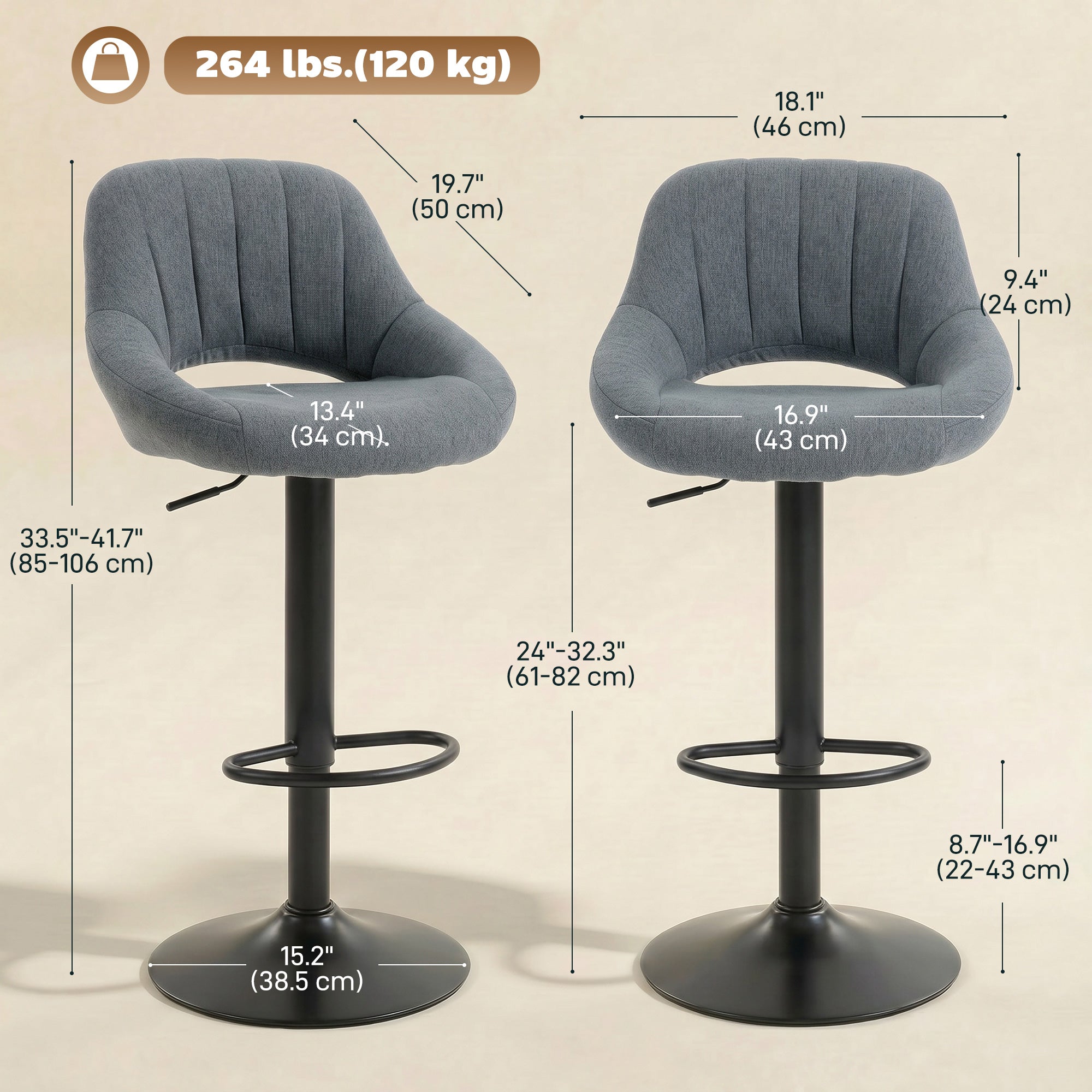 Swivel Bar Stools Set of 2 - Dark Grey Linen Adjustable-Home Furnishings > Kitchen & Dining Furniture > Bar Stools-DECOROLALA