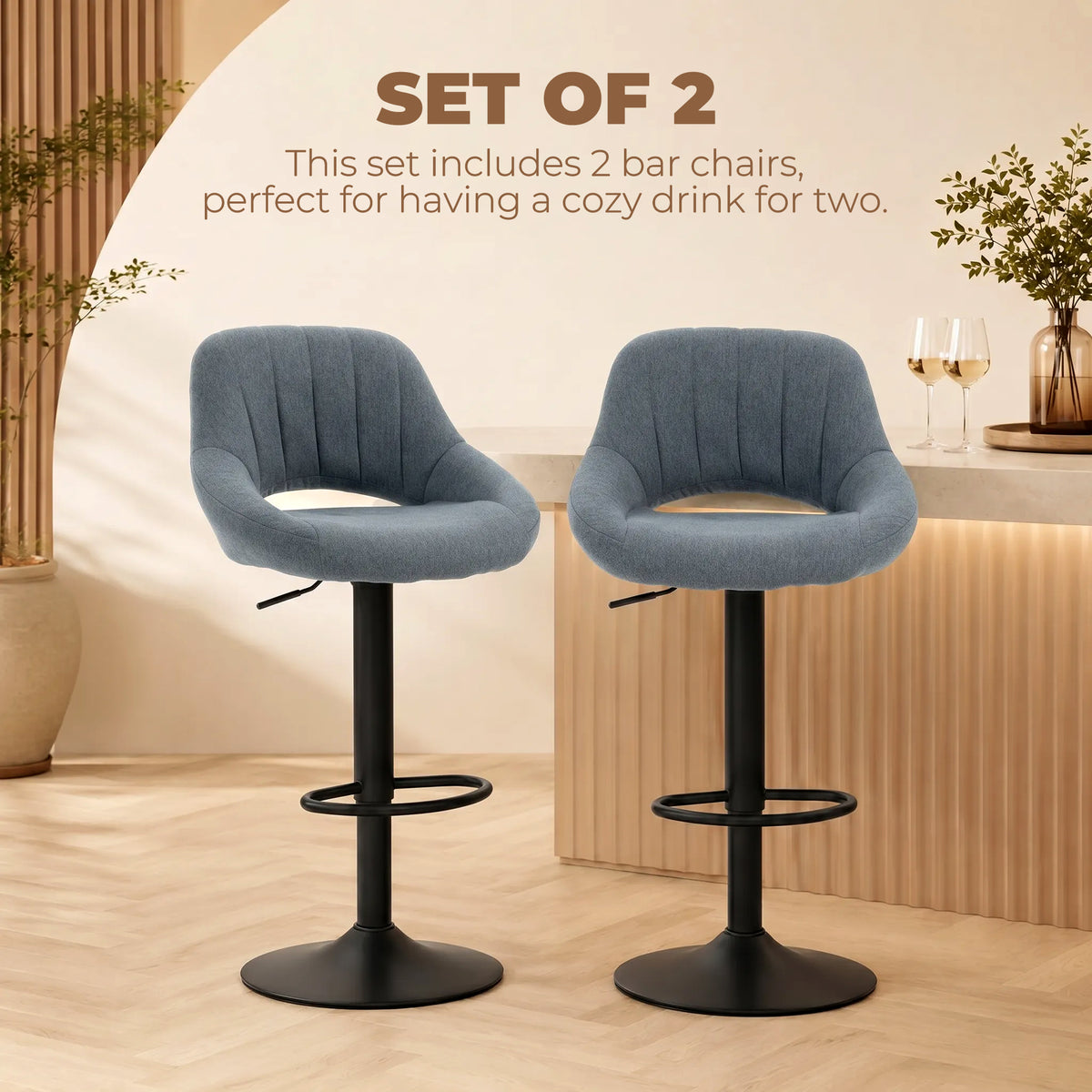 Swivel Bar Stools Set of 2 - Dark Grey Linen Adjustable-Home Furnishings > Kitchen & Dining Furniture > Bar Stools-DECOROLALA