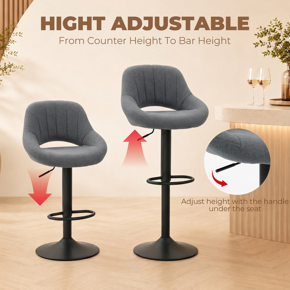 Swivel Bar Stools Set of 2 - Dark Grey Linen Adjustable-Home Furnishings > Kitchen & Dining Furniture > Bar Stools-DECOROLALA