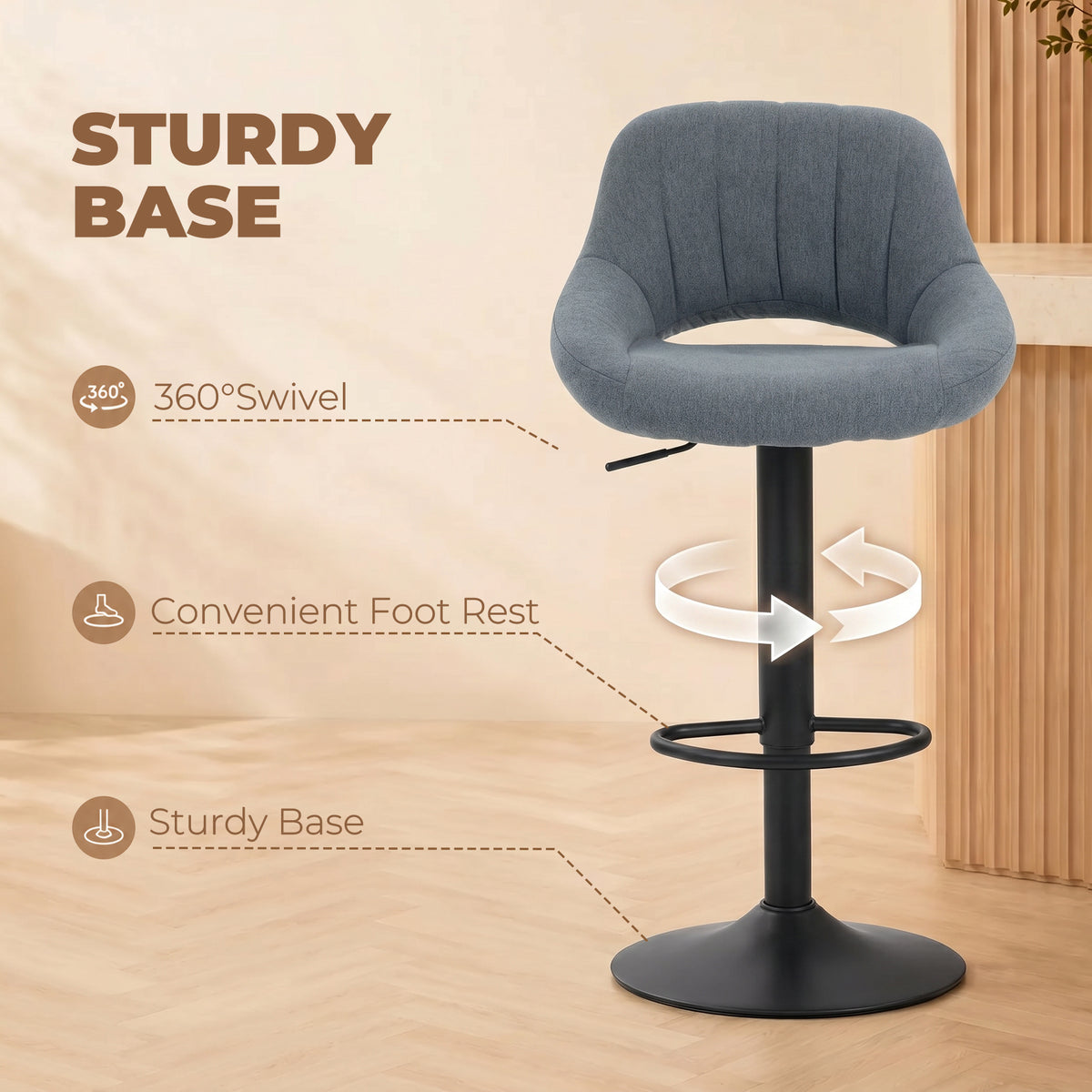 Swivel Bar Stools Set of 2 - Dark Grey Linen Adjustable-Home Furnishings > Kitchen & Dining Furniture > Bar Stools-DECOROLALA