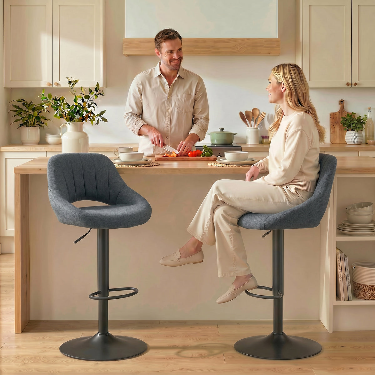 Swivel Bar Stools Set of 2 - Dark Grey Linen Adjustable-Home Furnishings > Kitchen & Dining Furniture > Bar Stools-DECOROLALA