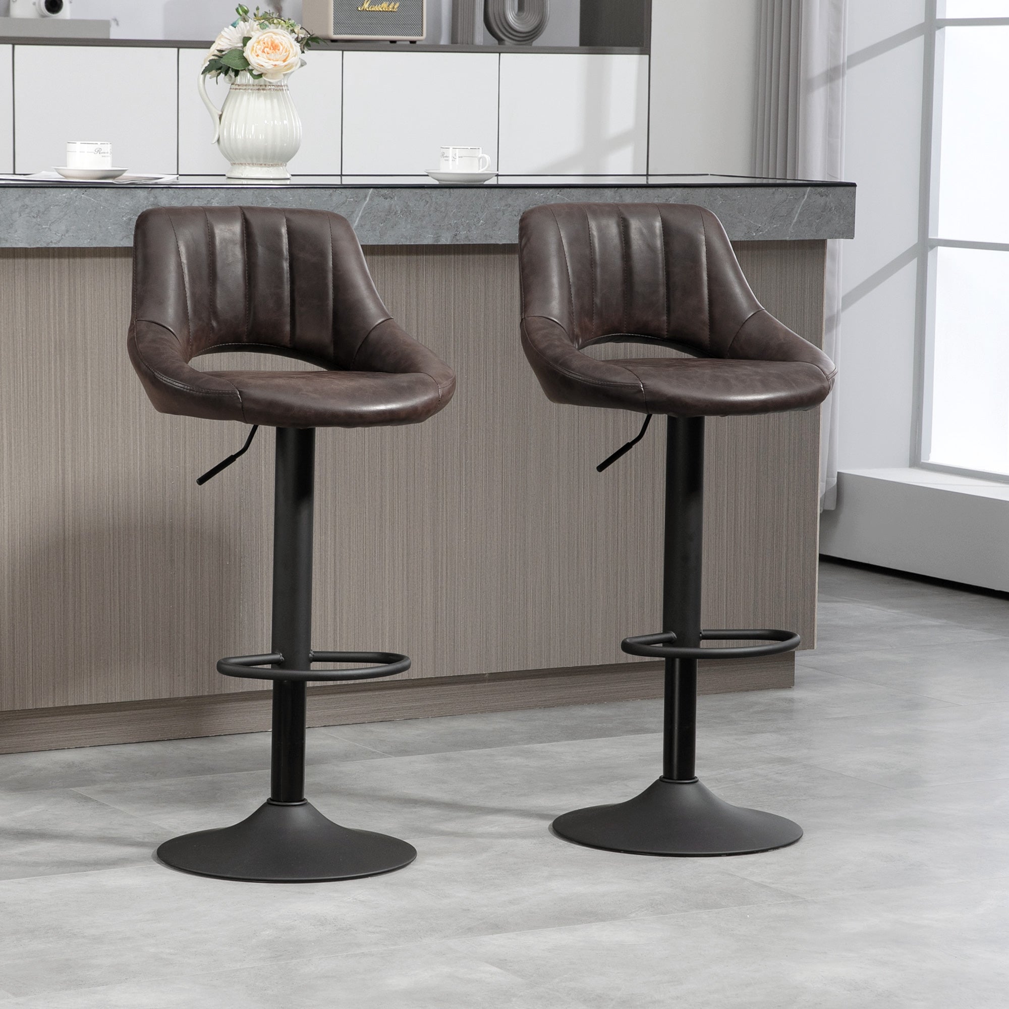 Swivel Bar Stools Set of 2, Faux Leather Upholstered Counter Height Barstools with Round Metal Base-Home Furnishings > Kitchen & Dining Furniture > Bar Stools-DECOROLALA