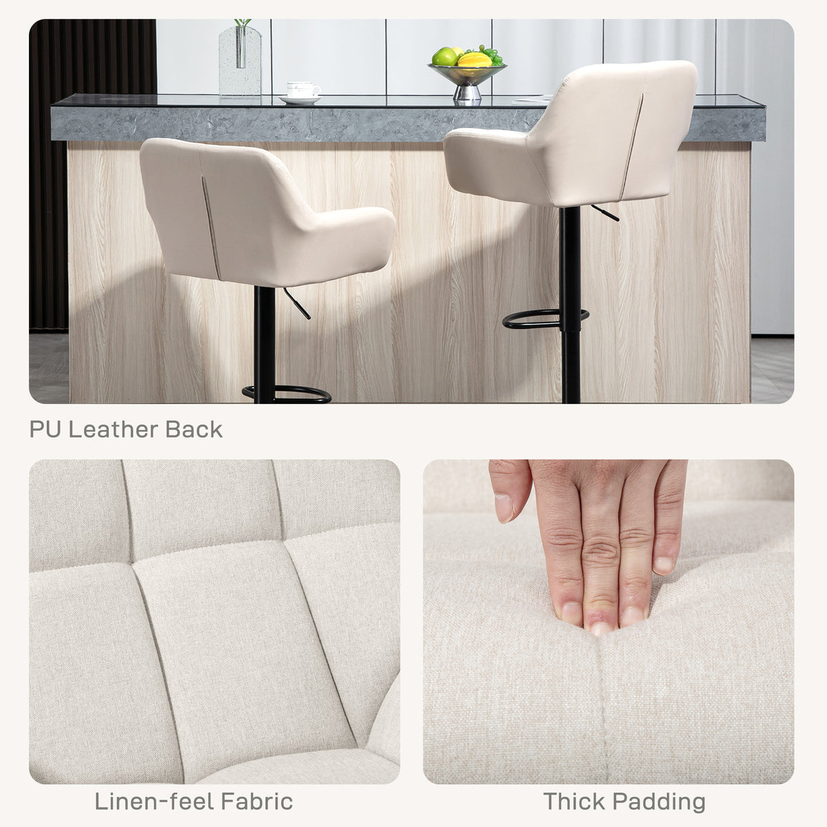 Swivel Barstools Set of 2 - Adjustable Cream White PU Leather-Home Furnishings > Kitchen & Dining Furniture > Bar Stools-DECOROLALA