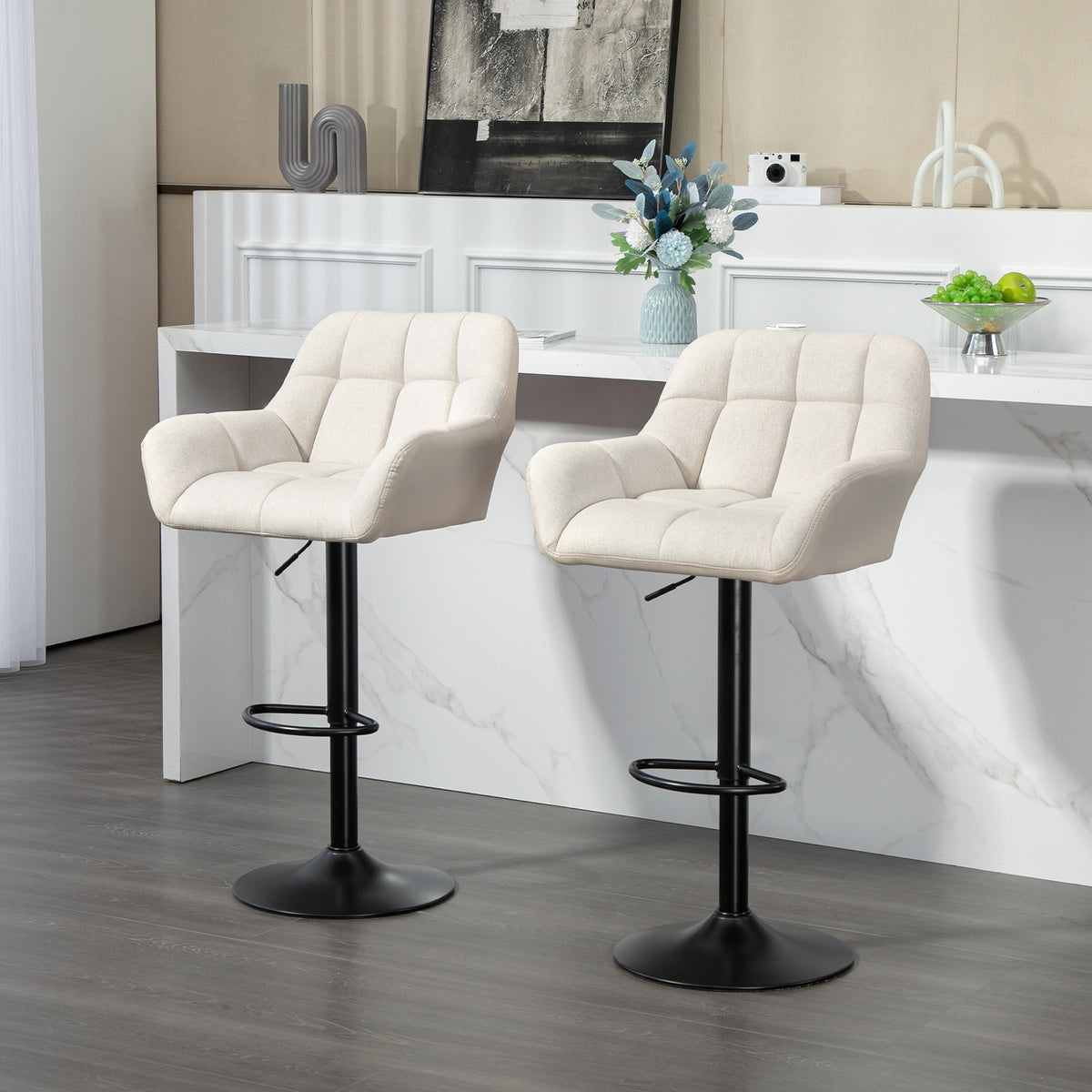Swivel Barstools Set of 2 - Adjustable Cream White PU Leather-Home Furnishings > Kitchen & Dining Furniture > Bar Stools-DECOROLALA