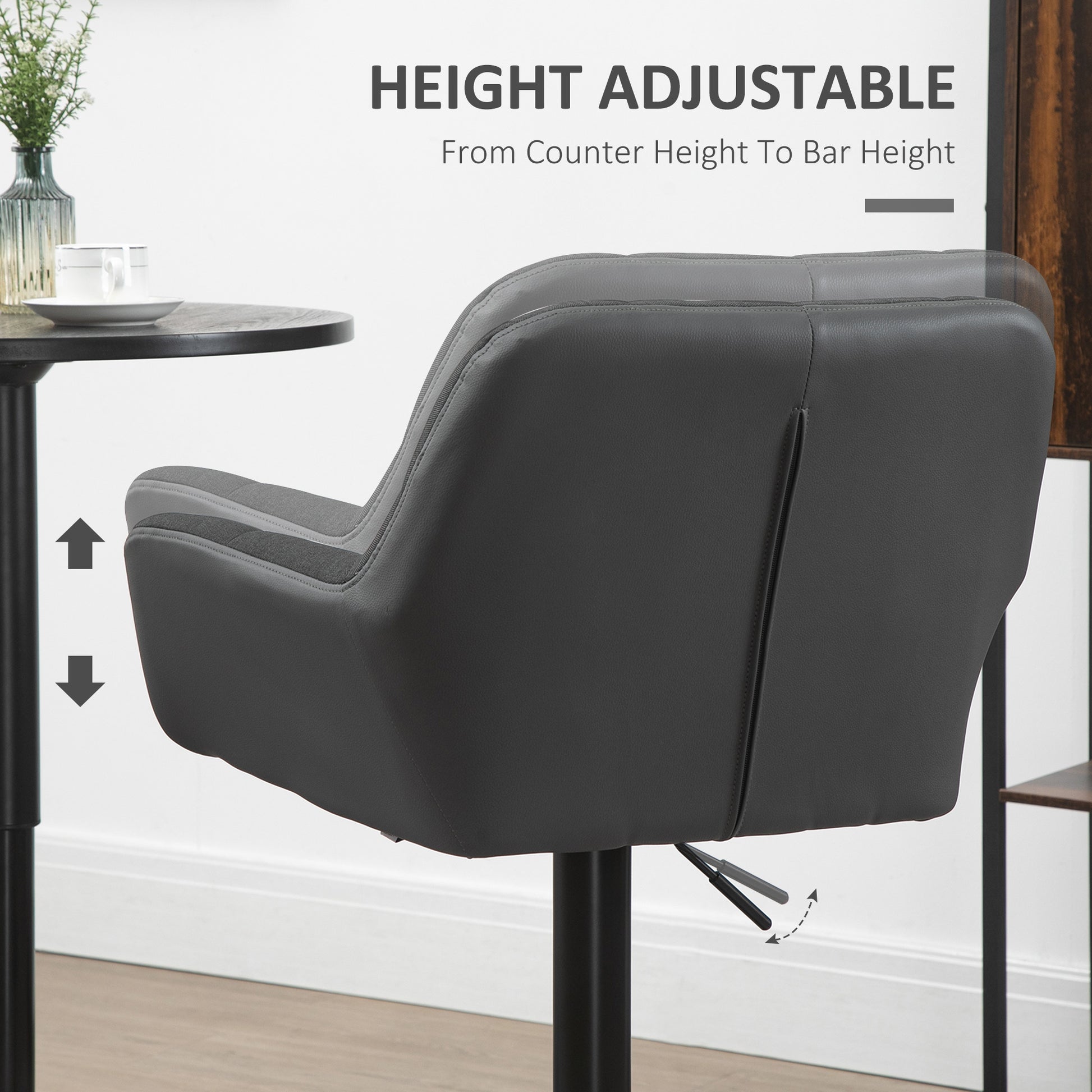 Swivel Barstools Set of 2 - Adjustable PU Leather Black/Grey-DECOROLALA