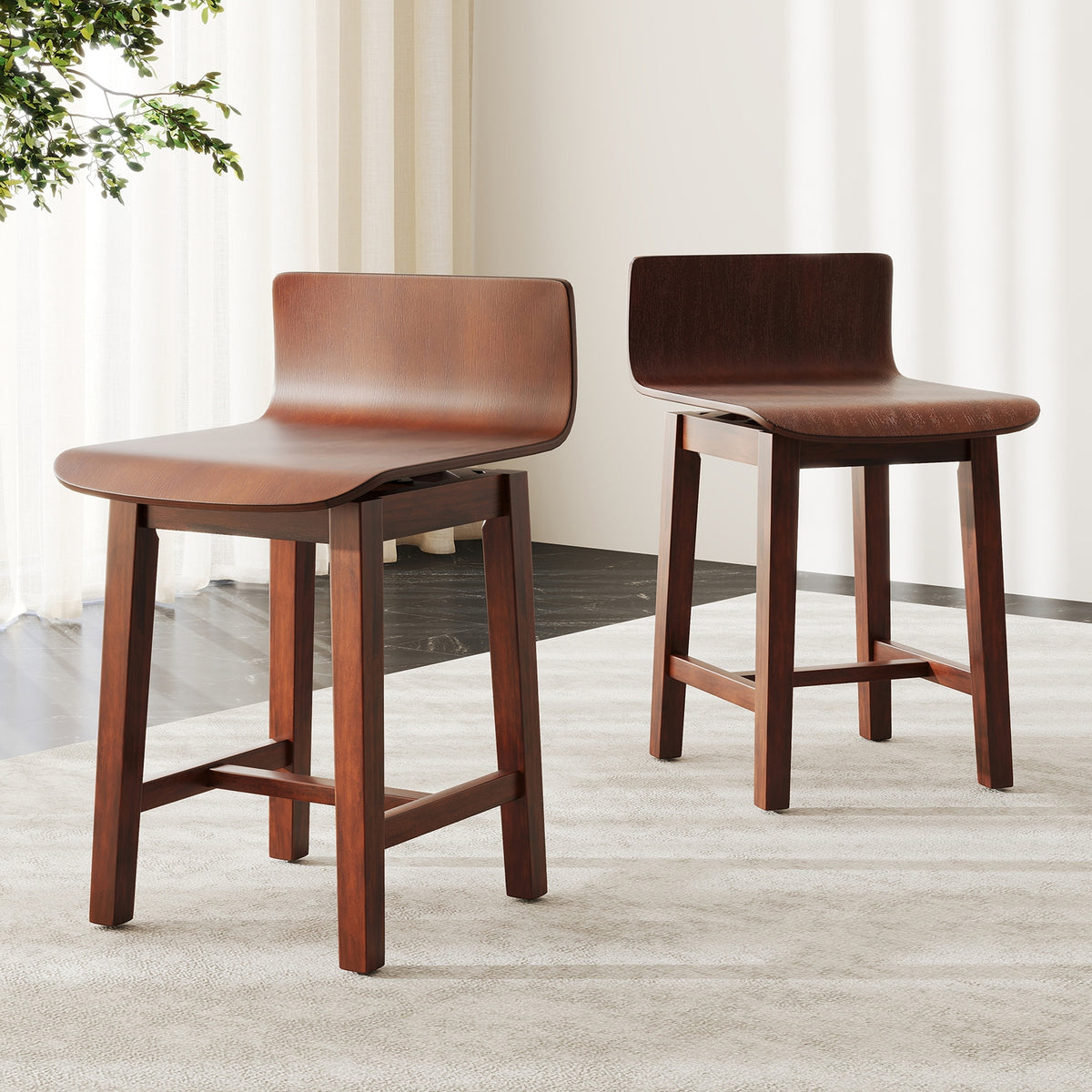 Swivel Dining Chair Set of 2 with Low Back and Curved Seat-Walnut-Dining Chairs-DECOROLALA