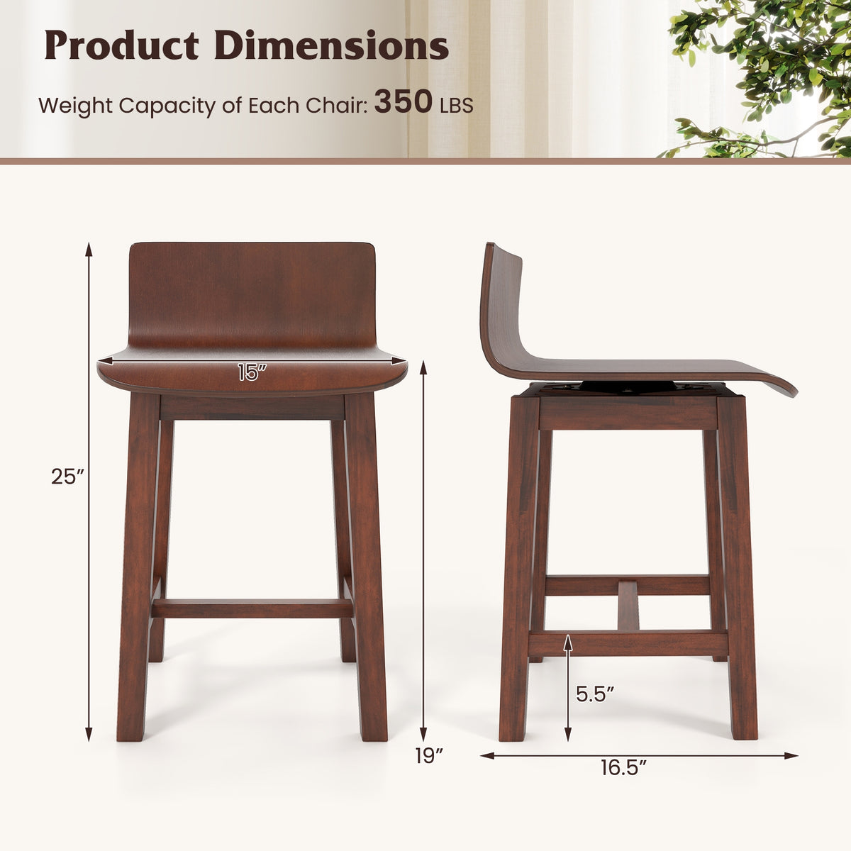Swivel Dining Chair Set of 2 with Low Back and Curved Seat-Walnut-Dining Chairs-DECOROLALA