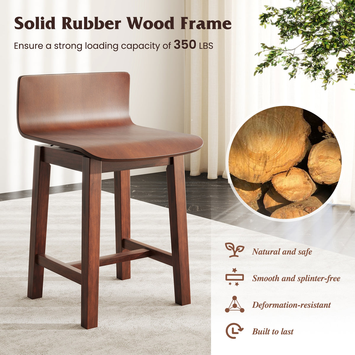 Swivel Dining Chair Set of 2 with Low Back and Curved Seat-Walnut-Dining Chairs-DECOROLALA
