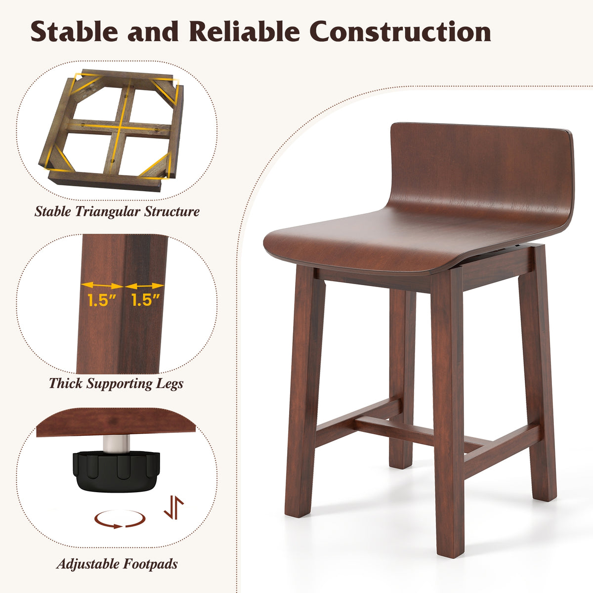 Swivel Dining Chair Set of 2 with Low Back and Curved Seat-Walnut-Dining Chairs-DECOROLALA